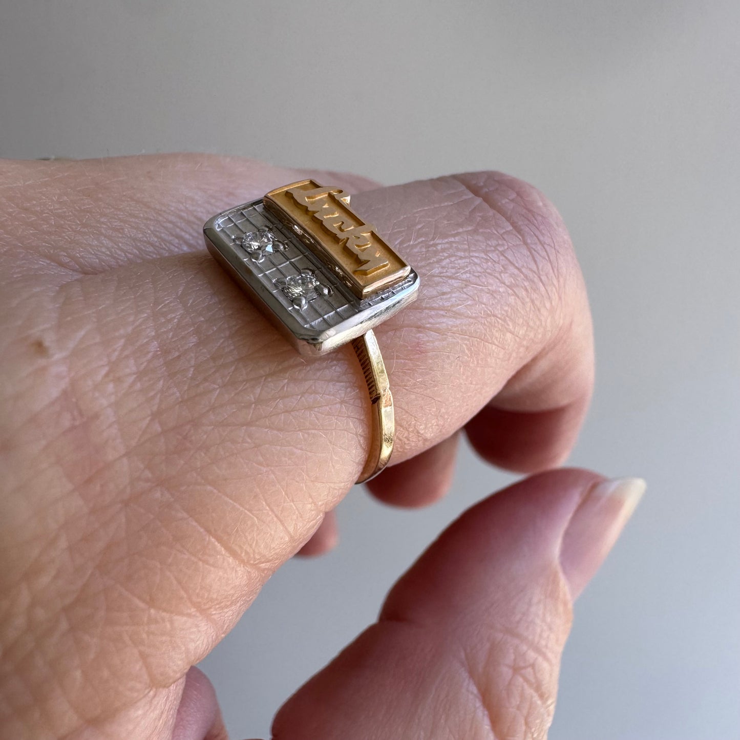 reimagined V I N T A G E // Lucky achievements / 10k and diamond Lucky supermaket pin conversion ring / size 5.75