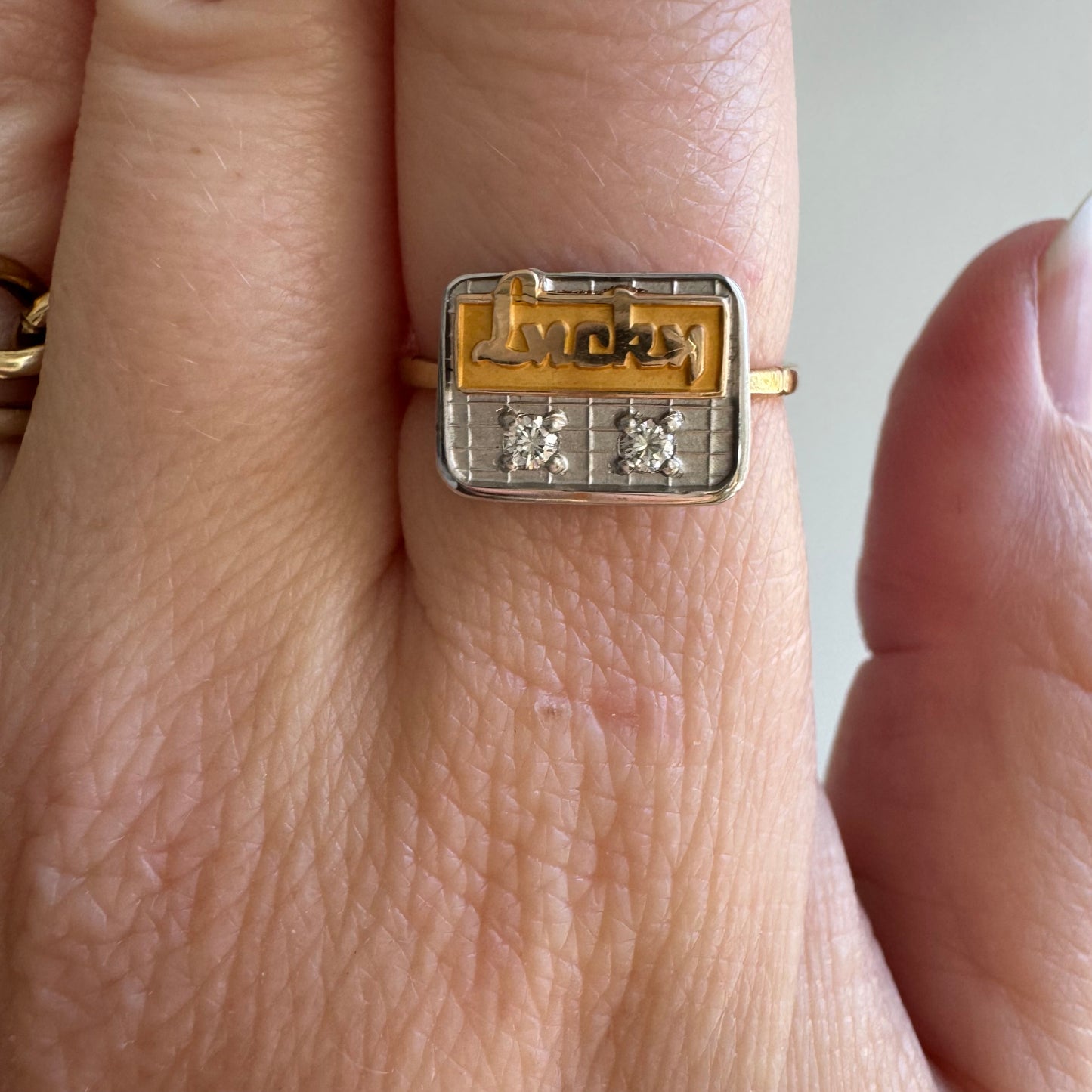 reimagined V I N T A G E // Lucky achievements / 10k and diamond Lucky supermaket pin conversion ring / size 5.75