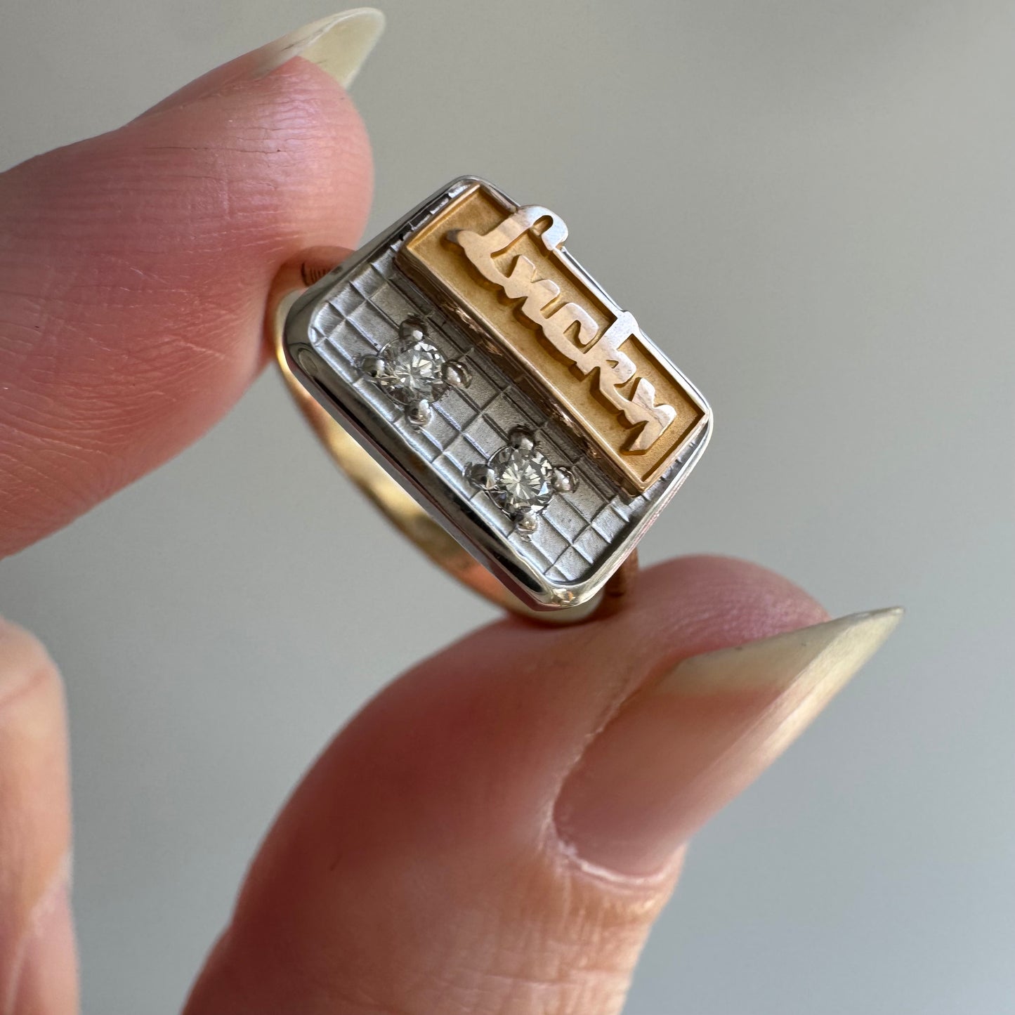 reimagined V I N T A G E // Lucky achievements / 10k and diamond Lucky supermaket pin conversion ring / size 5.75