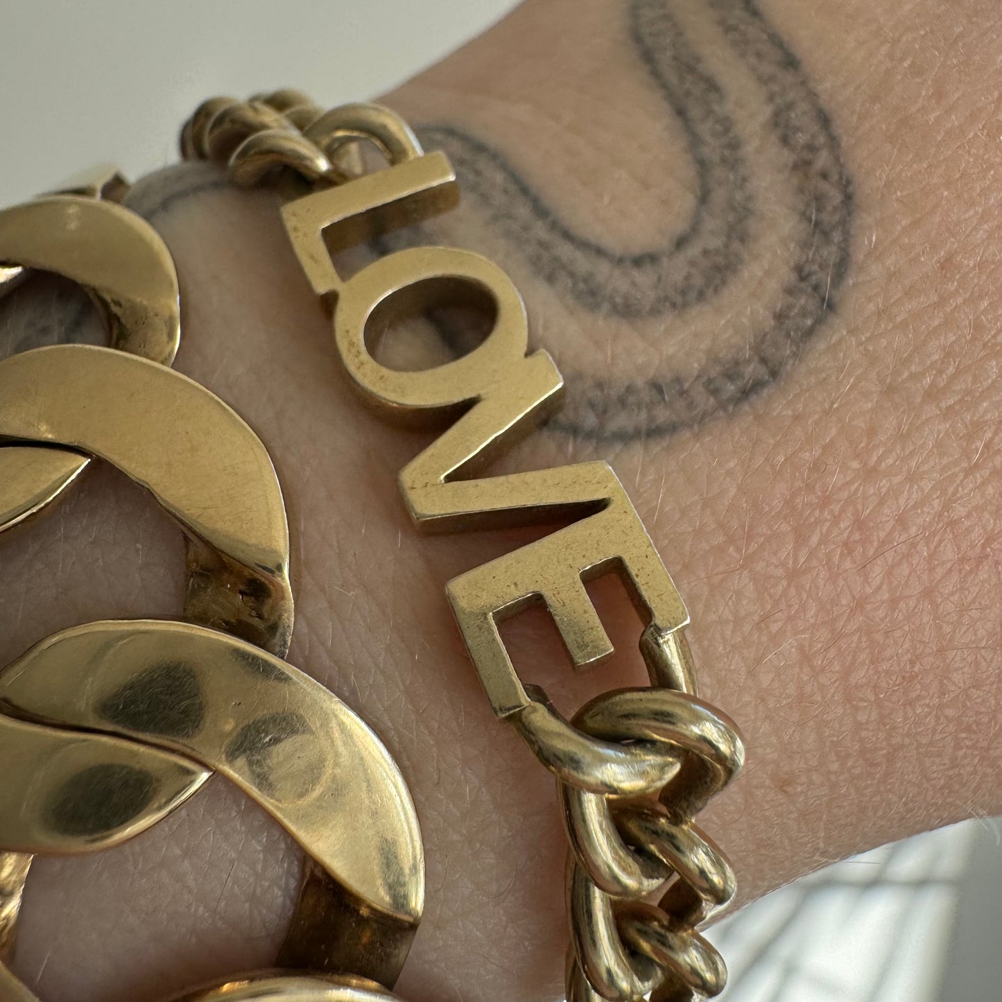 P R E - L O V E D // linked up LOVE / sterling silver and gold vermeil curb link LOVE bracelet / 7", 15g