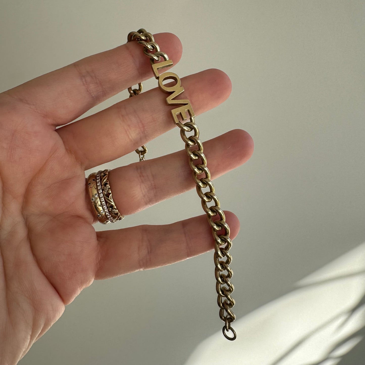 P R E - L O V E D // linked up LOVE / sterling silver and gold vermeil curb link LOVE bracelet / 7", 15g