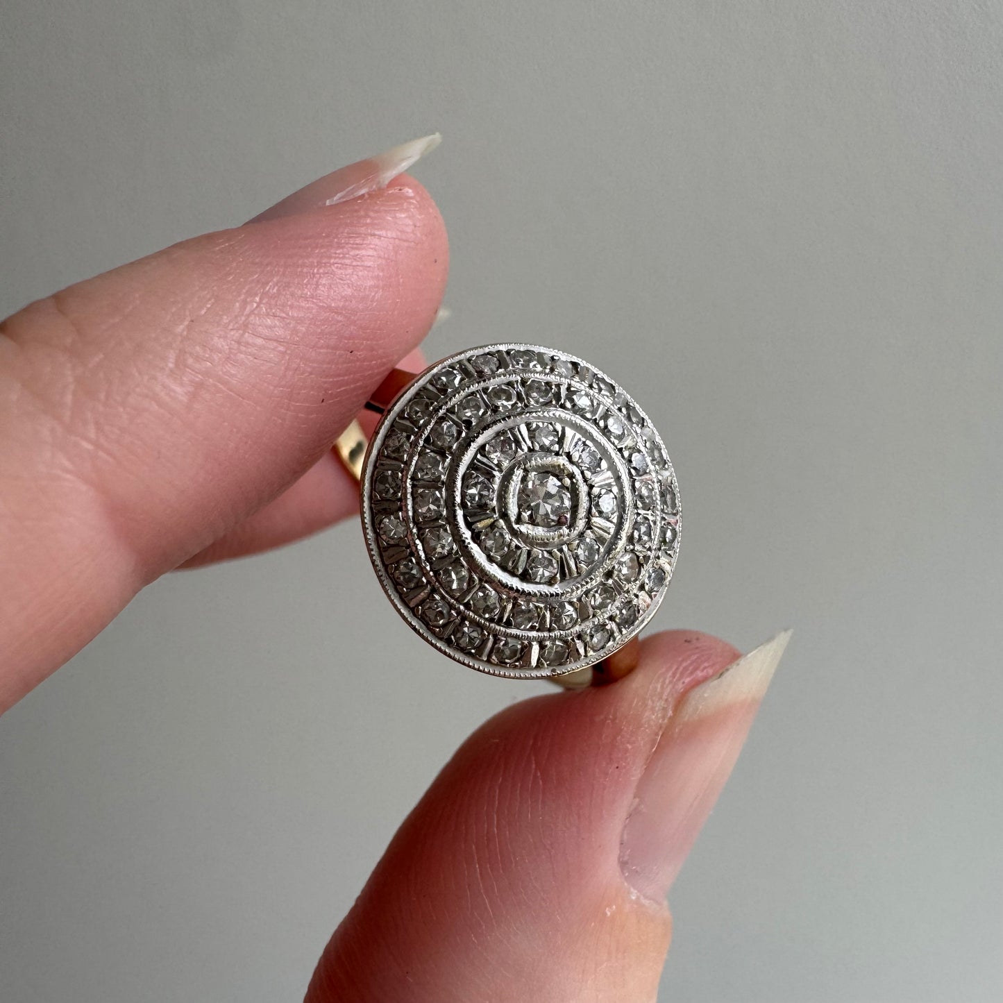 V I N T A G E // moon daisy / 14k yellow and white gold late art deco round concentric circle cluster ring / size 9.25+