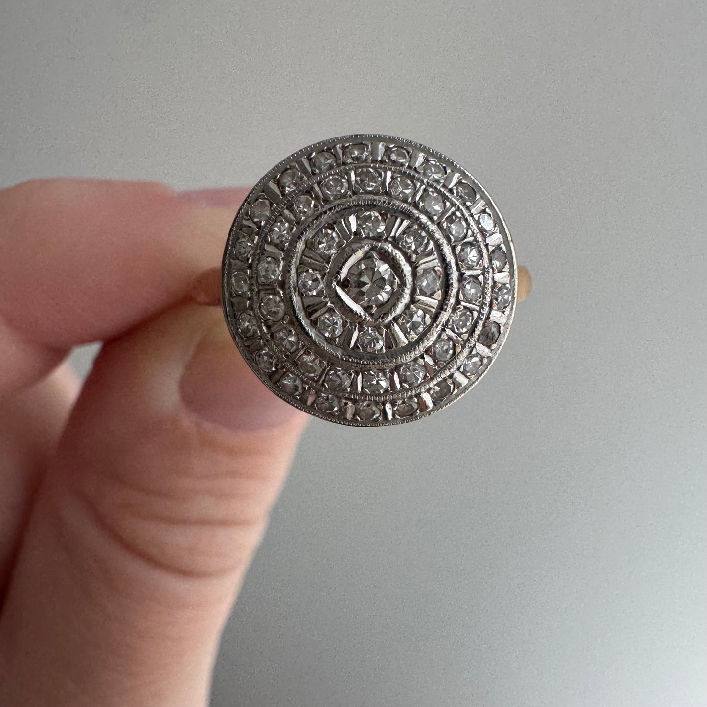 V I N T A G E // moon daisy / 14k yellow and white gold late art deco round concentric circle cluster ring / size 9.25+