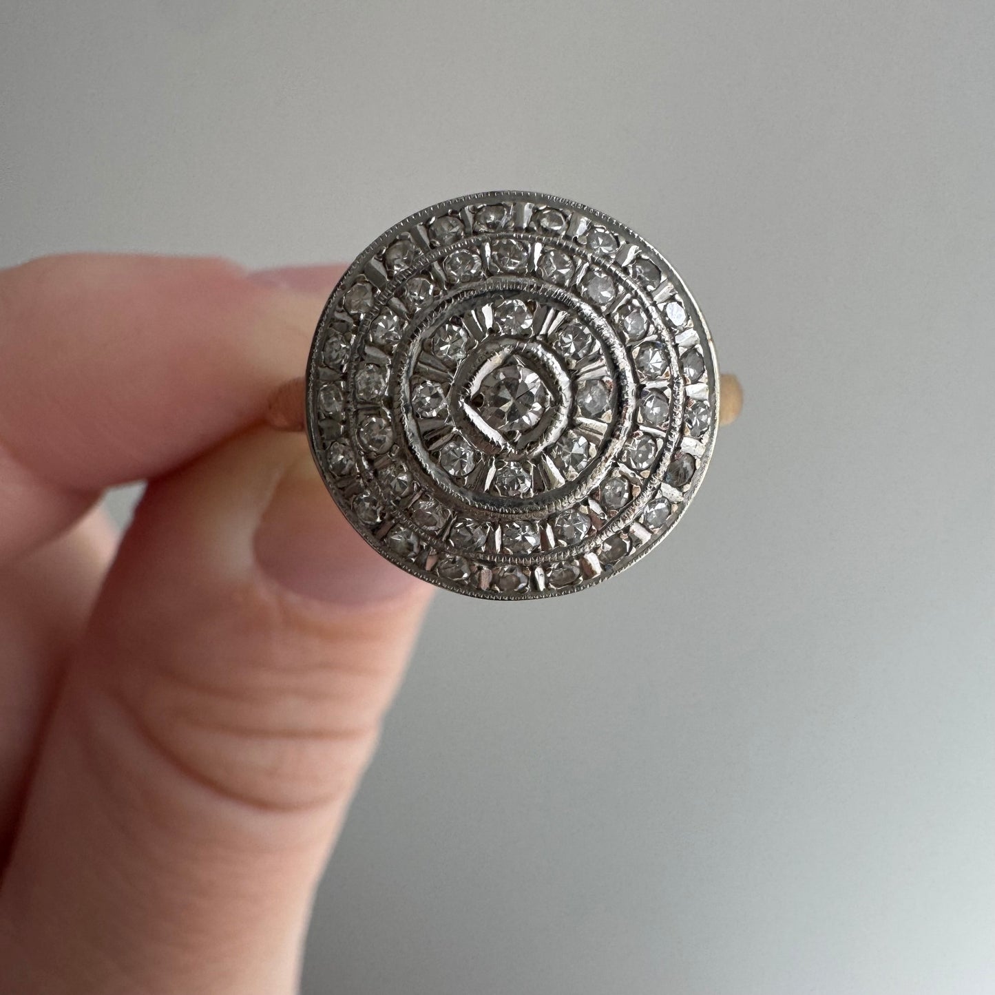 V I N T A G E // moon daisy / 14k yellow and white gold late art deco round concentric circle cluster ring / size 9.25+