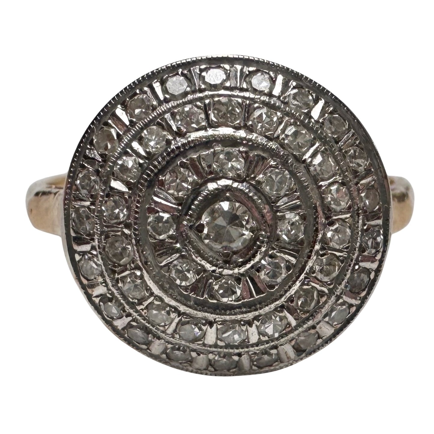 V I N T A G E // moon daisy / 14k yellow and white gold late art deco round concentric circle cluster ring / size 9.25+