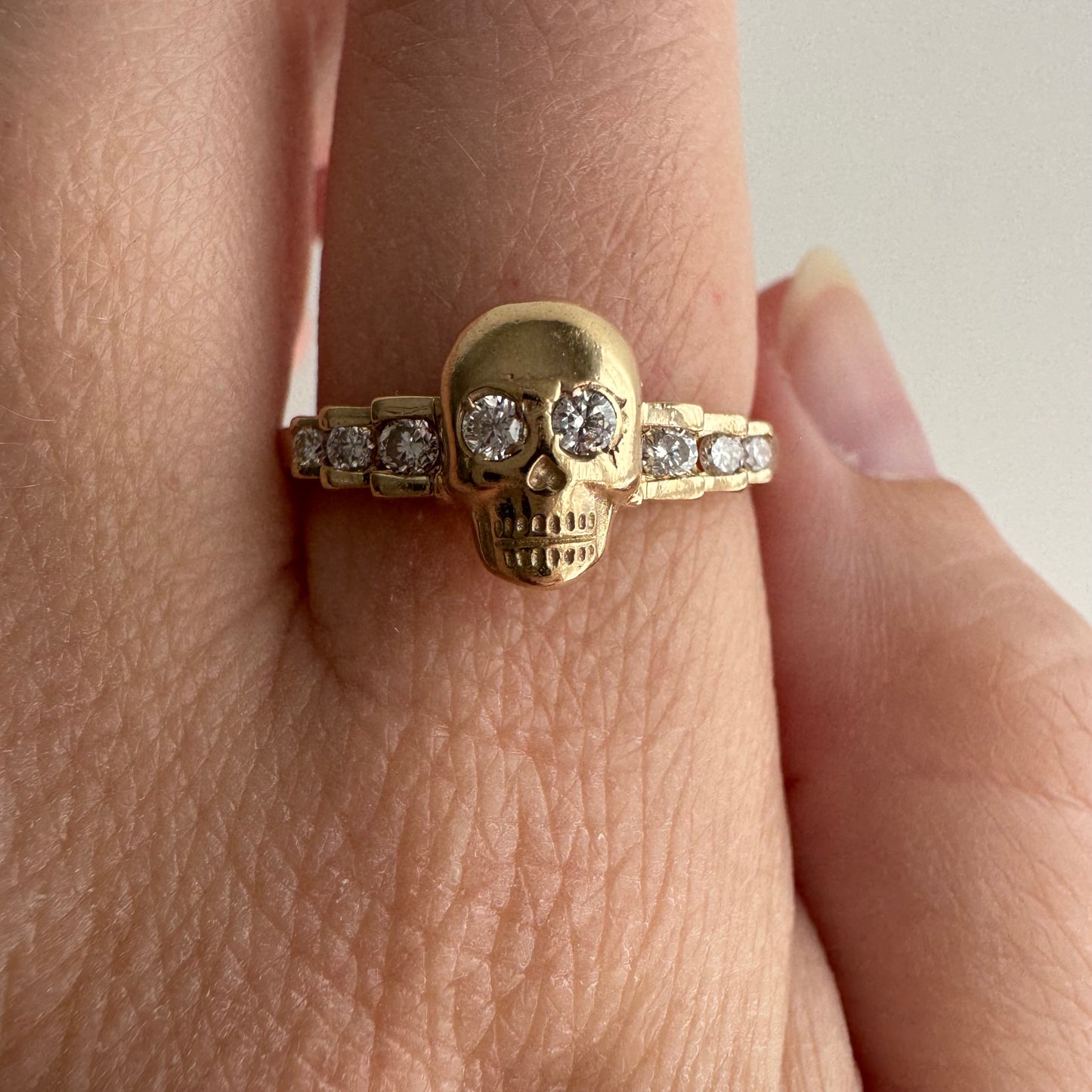 reimagined V I N T A G E // memento mori / 14k and diamond ring skull stacking ring / size 8