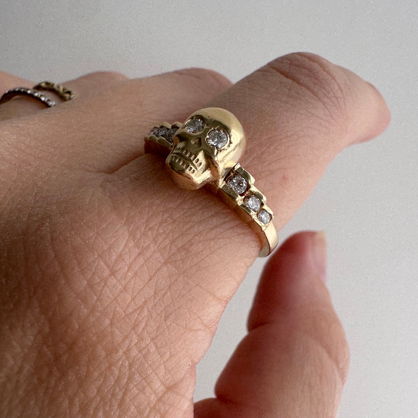 reimagined V I N T A G E // memento mori / 14k and diamond ring skull stacking ring / size 8