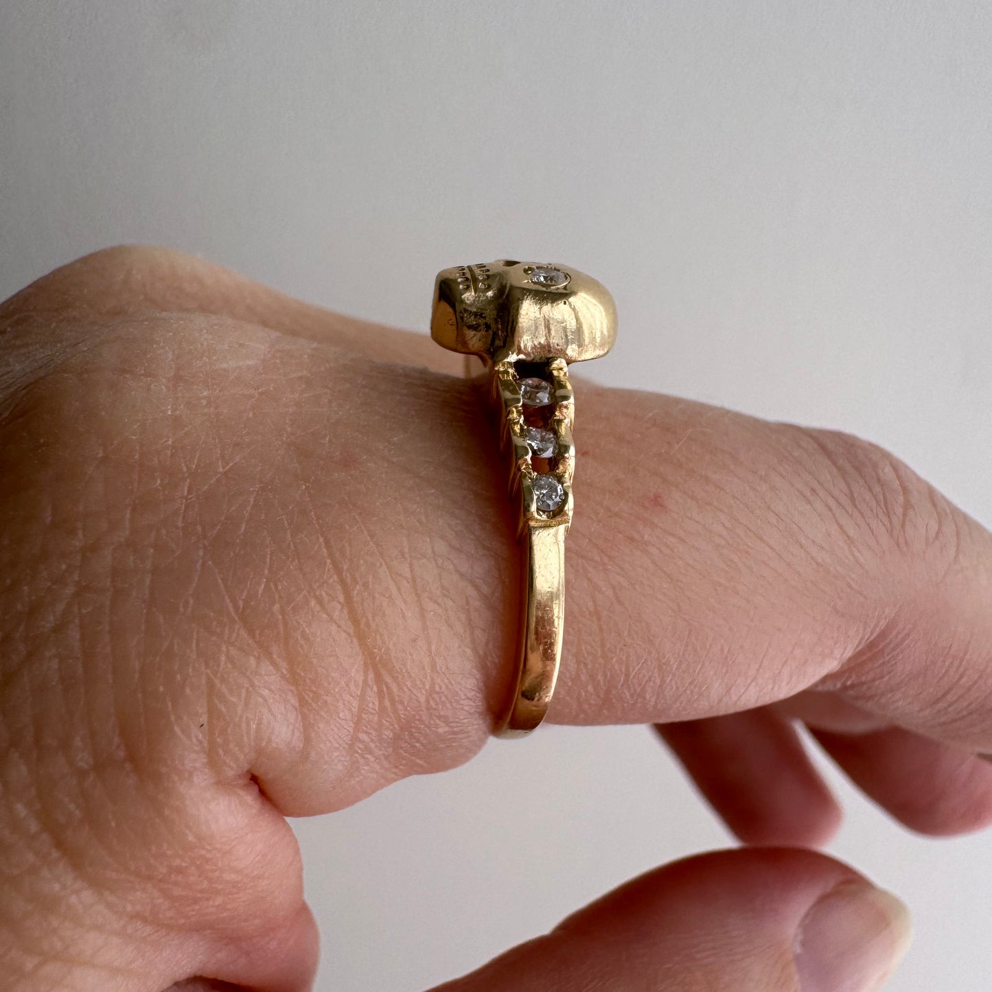 reimagined V I N T A G E // memento mori / 14k and diamond ring skull stacking ring / size 8