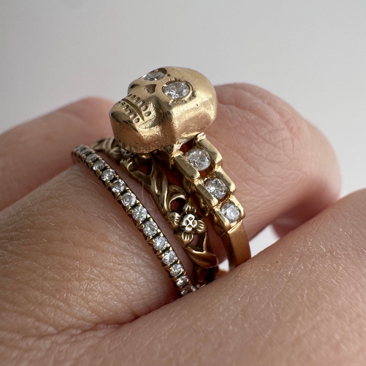 reimagined V I N T A G E // memento mori / 14k and diamond ring skull stacking ring / size 8