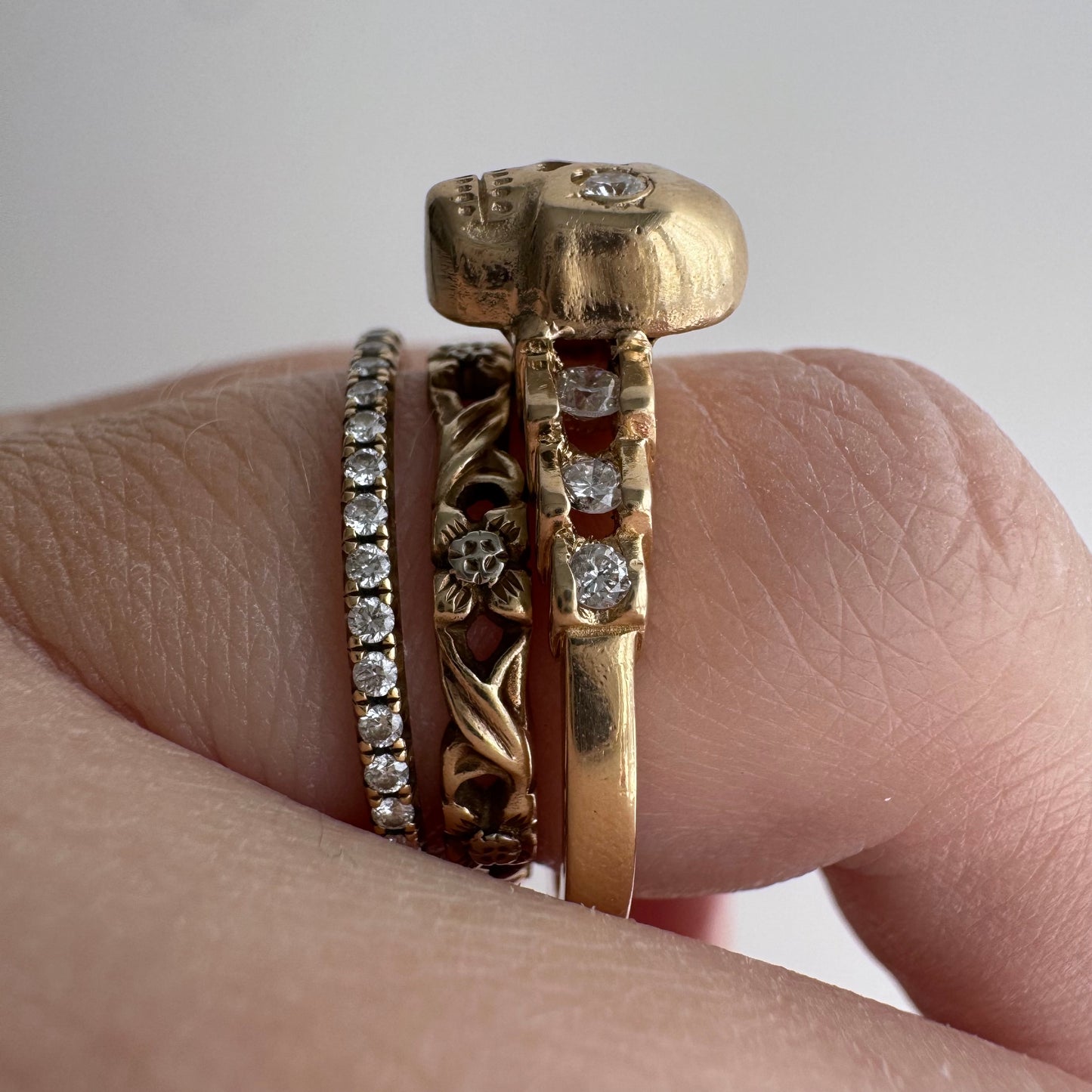 reimagined V I N T A G E // memento mori / 14k and diamond ring skull stacking ring / size 8