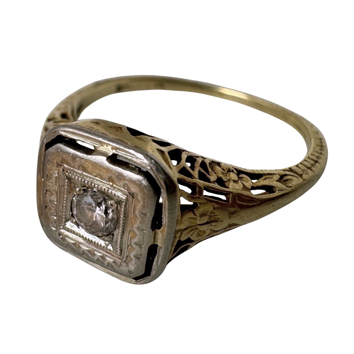 A N T I Q U E // floral geometry / 14k yellow and white gold late art deco diamond solitaire / size 4.5