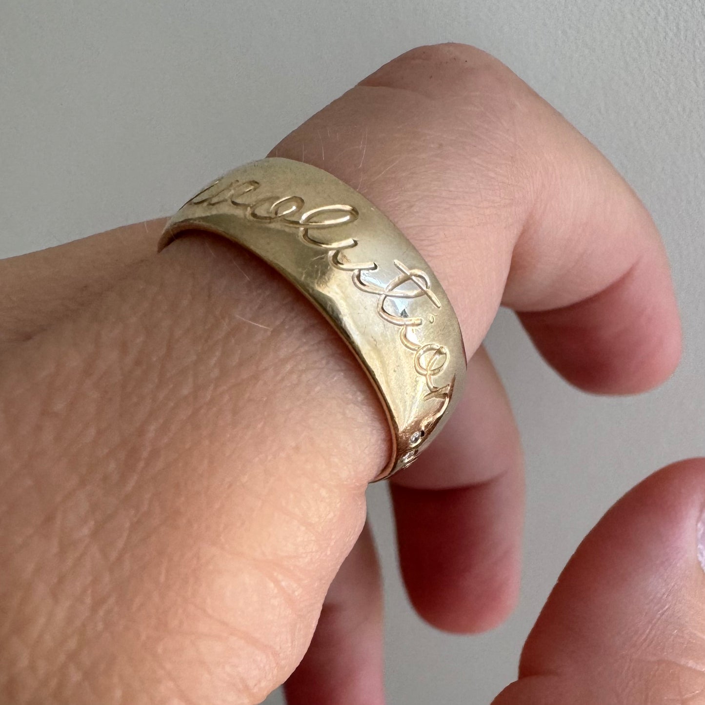 reimagined V I N T A G E // revolution messenger / 14k engraved half eternity band with a bee and diamonds / size 7.75ish