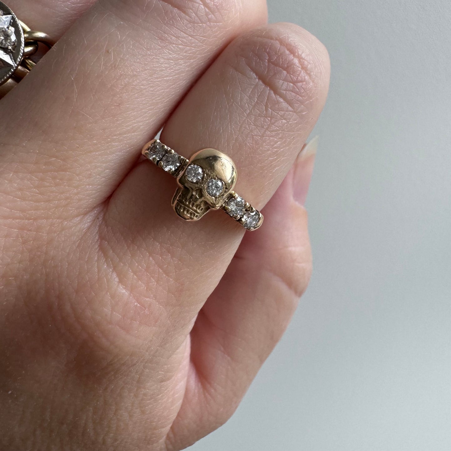 reimagined V I N T A G E // memento mori / 14k and diamond skull stacking ring / size 6.75