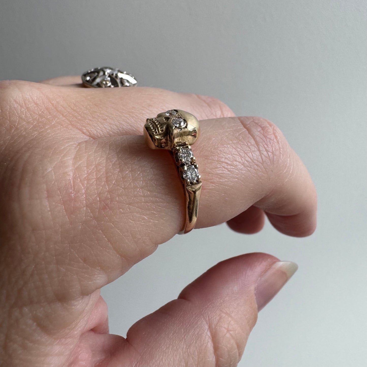 reimagined V I N T A G E // memento mori / 14k and diamond skull stacking ring / size 6.75