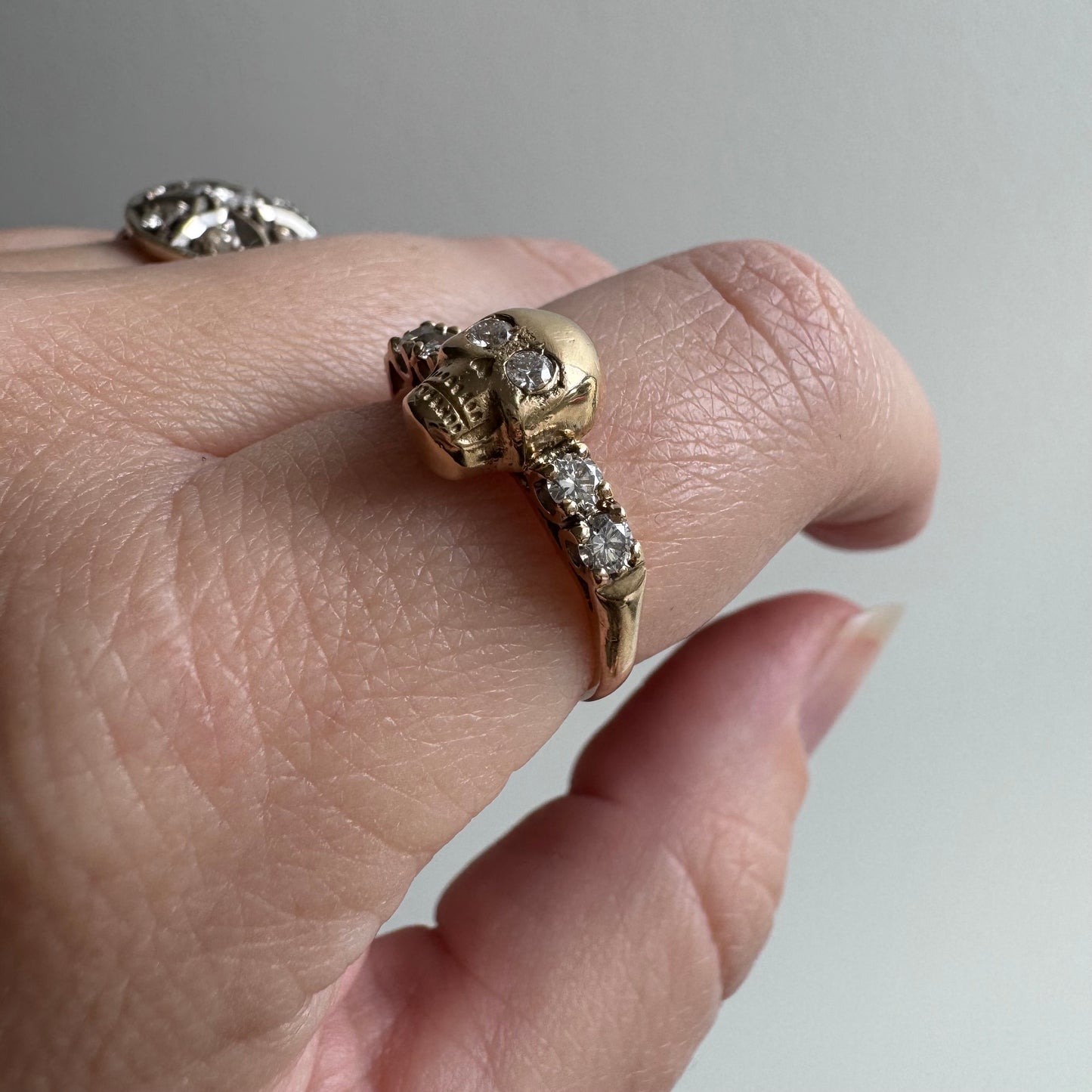 reimagined V I N T A G E // memento mori / 14k and diamond skull stacking ring / size 6.75