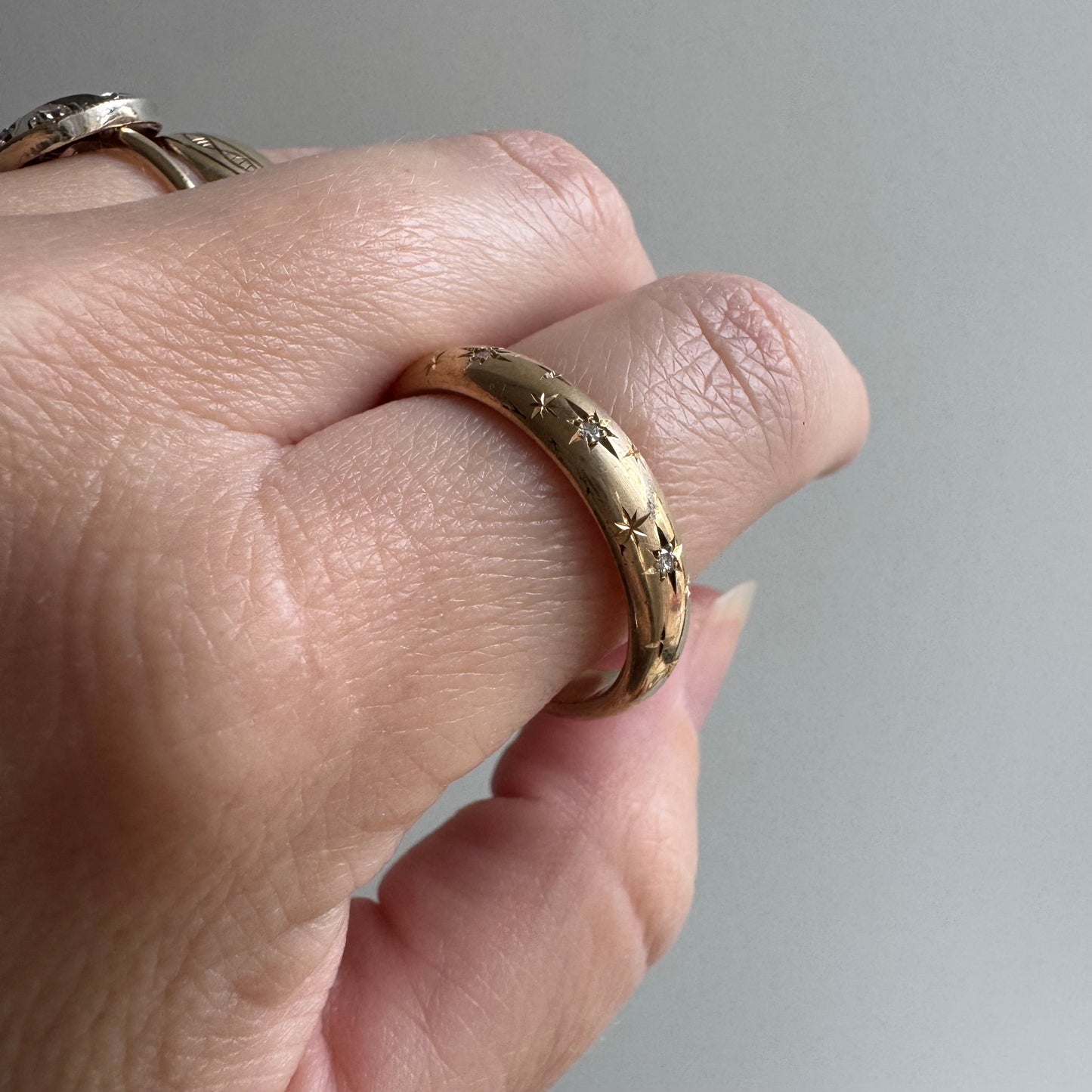 reimagined V I N T A G E // star story / 14k donut band with three new star-set diamonds and engraved starbursts / size 11 to 11.5