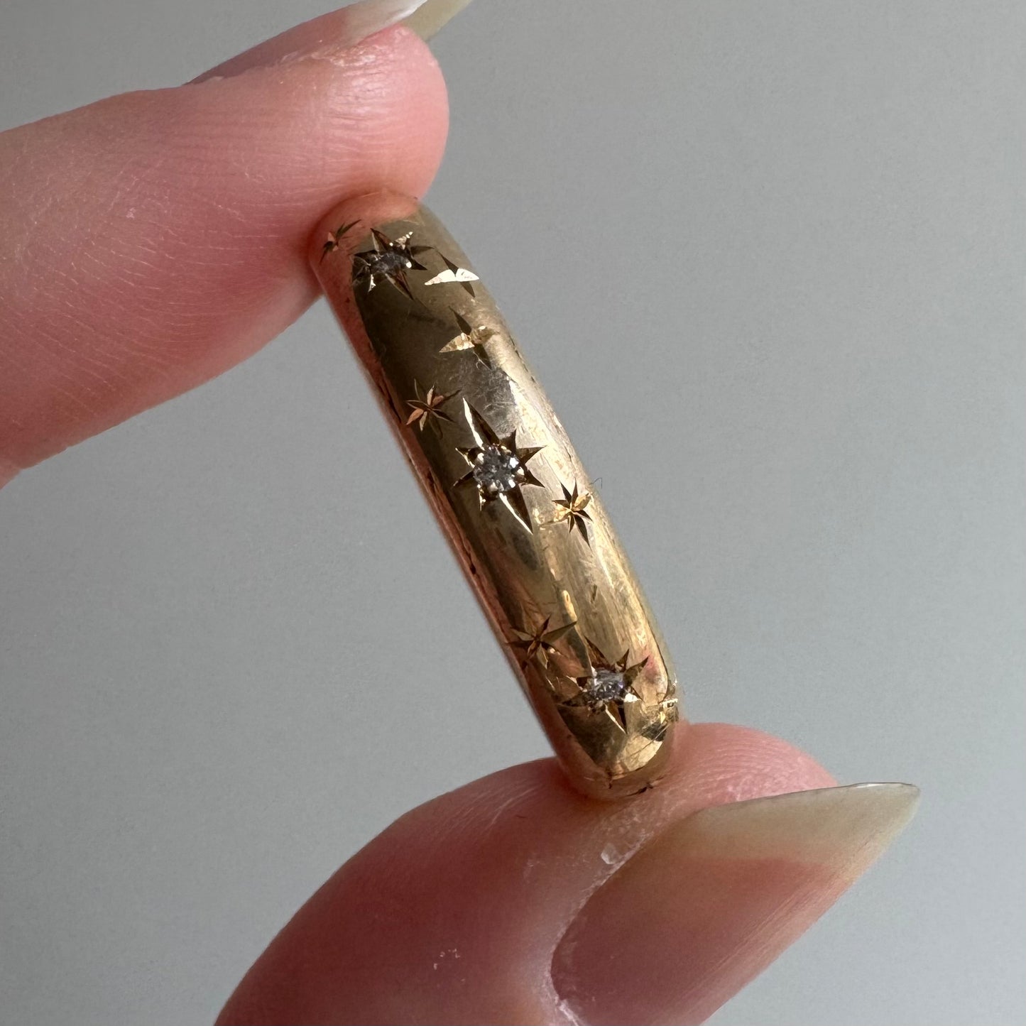 reimagined V I N T A G E // star story / 14k donut band with three new star-set diamonds and engraved starbursts / size 11 to 11.5