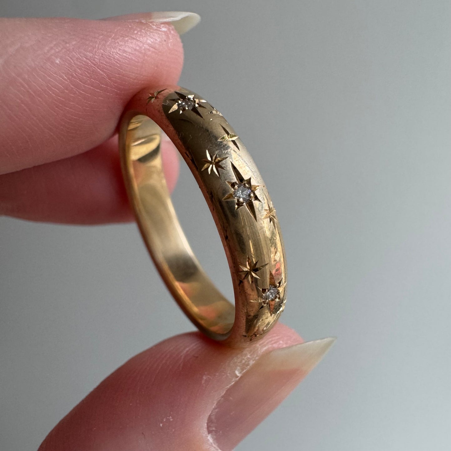 reimagined V I N T A G E // star story / 14k donut band with three new star-set diamonds and engraved starbursts / size 11 to 11.5