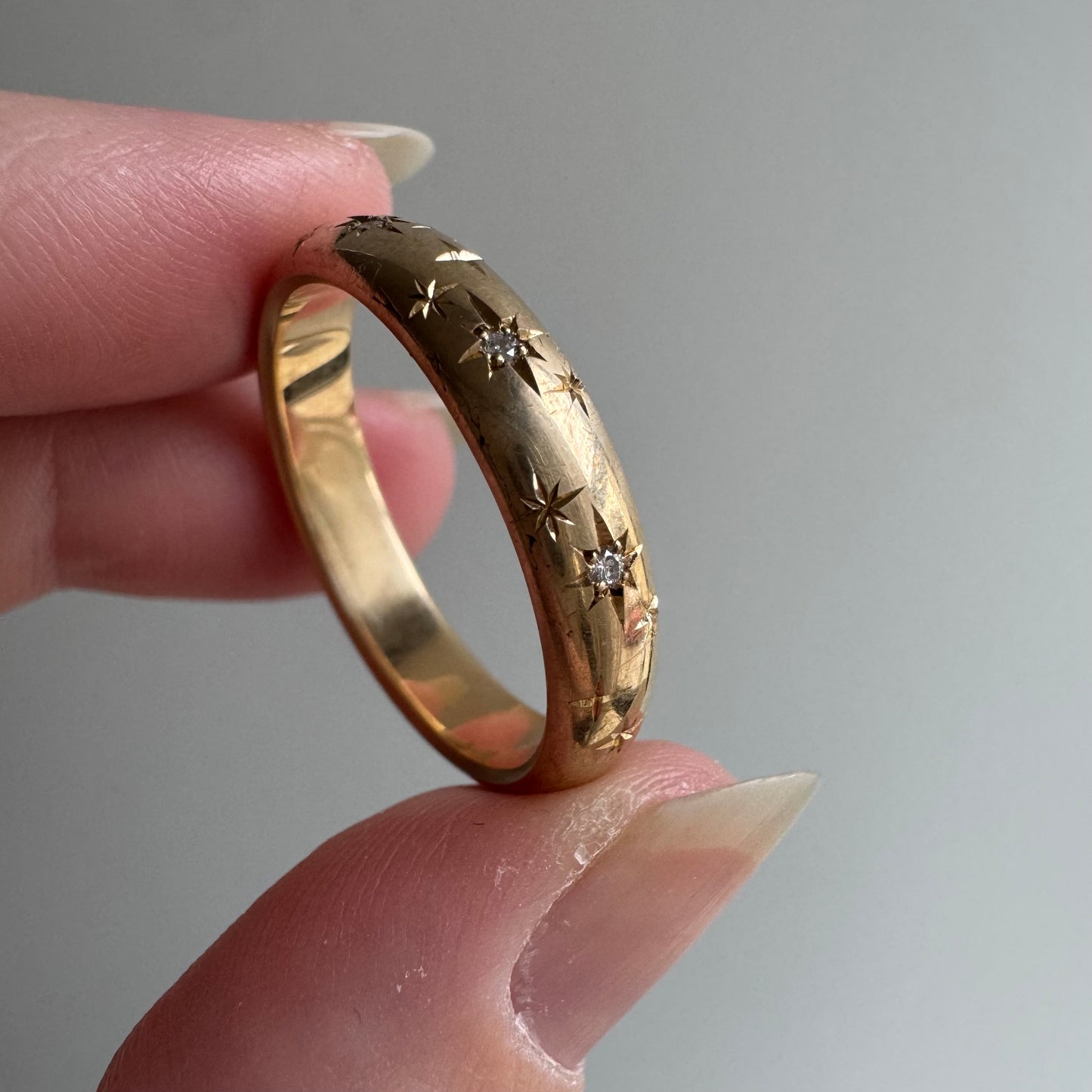 reimagined V I N T A G E // star story / 14k donut band with three new star-set diamonds and engraved starbursts / size 11 to 11.5