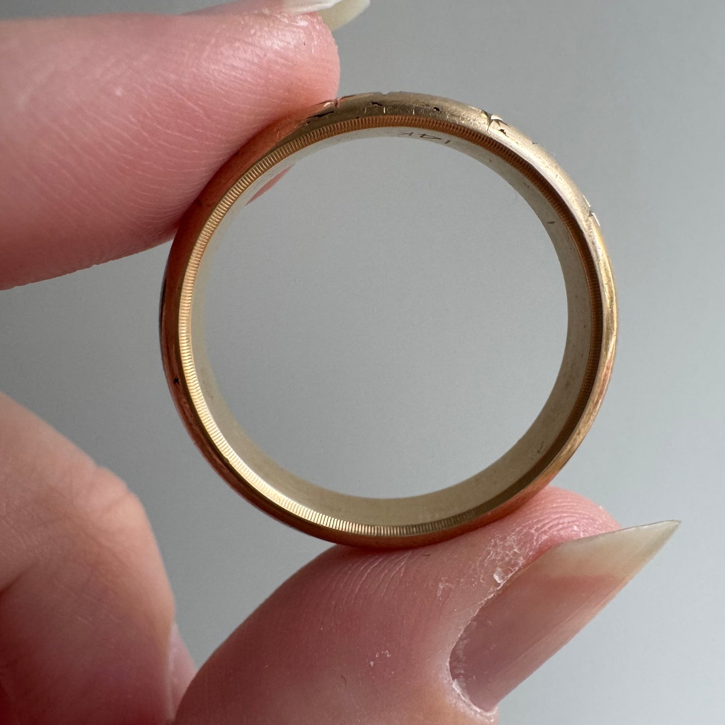 reimagined V I N T A G E // star story / 14k donut band with three new star-set diamonds and engraved starbursts / size 11 to 11.5