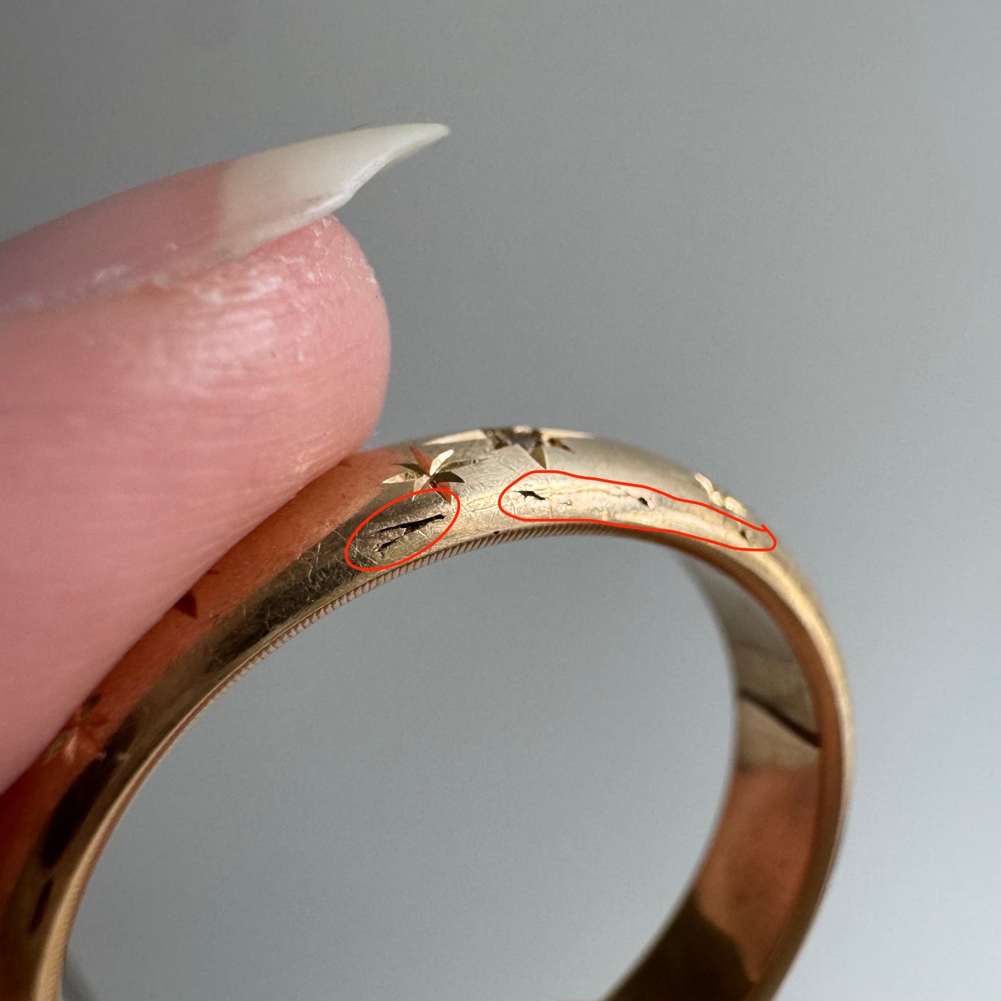 reimagined V I N T A G E // star story / 14k donut band with three new star-set diamonds and engraved starbursts / size 11 to 11.5