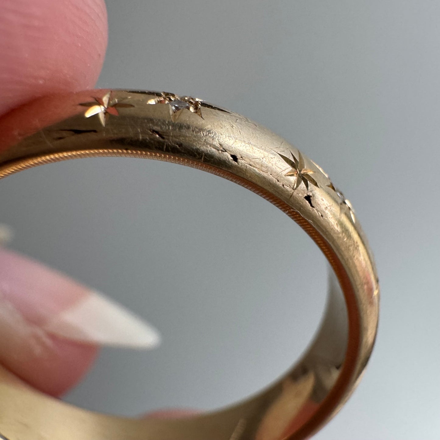 reimagined V I N T A G E // star story / 14k donut band with three new star-set diamonds and engraved starbursts / size 11 to 11.5