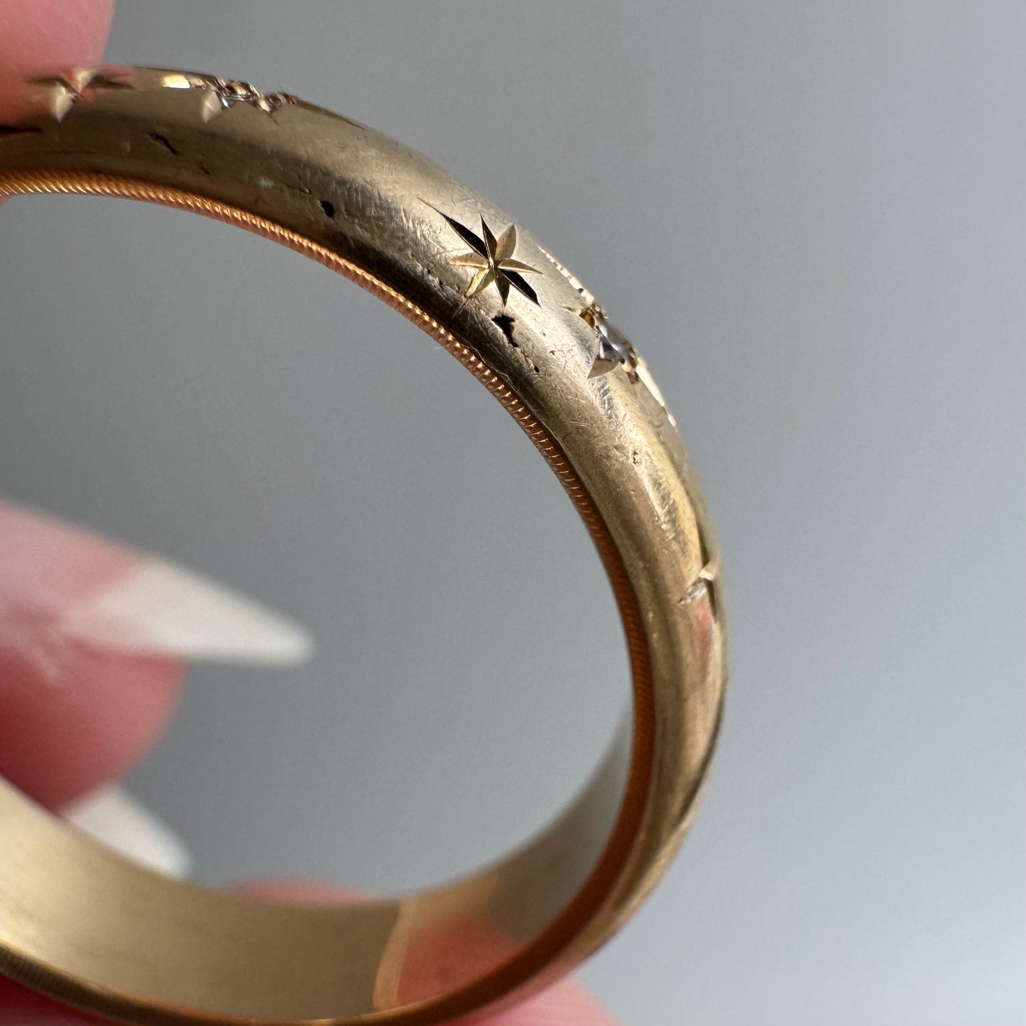 reimagined V I N T A G E // star story / 14k donut band with three new star-set diamonds and engraved starbursts / size 11 to 11.5