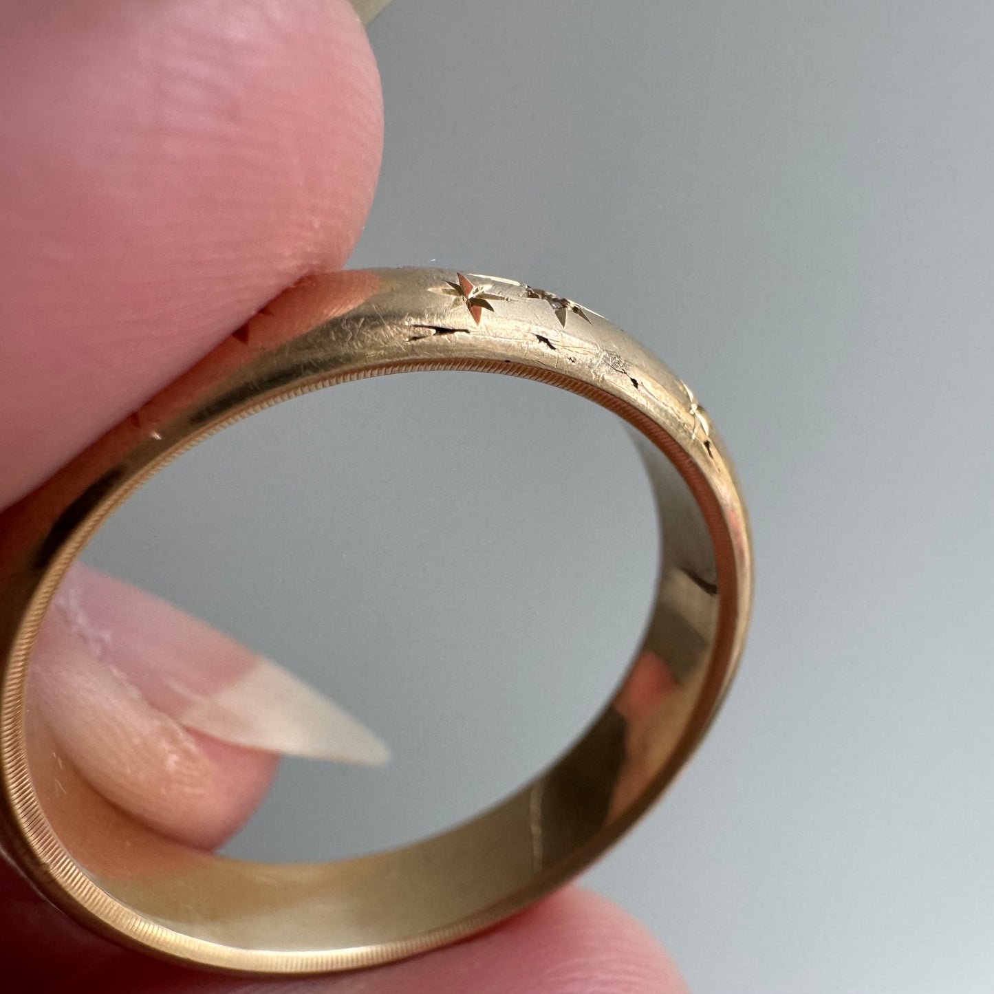 reimagined V I N T A G E // star story / 14k donut band with three new star-set diamonds and engraved starbursts / size 11 to 11.5