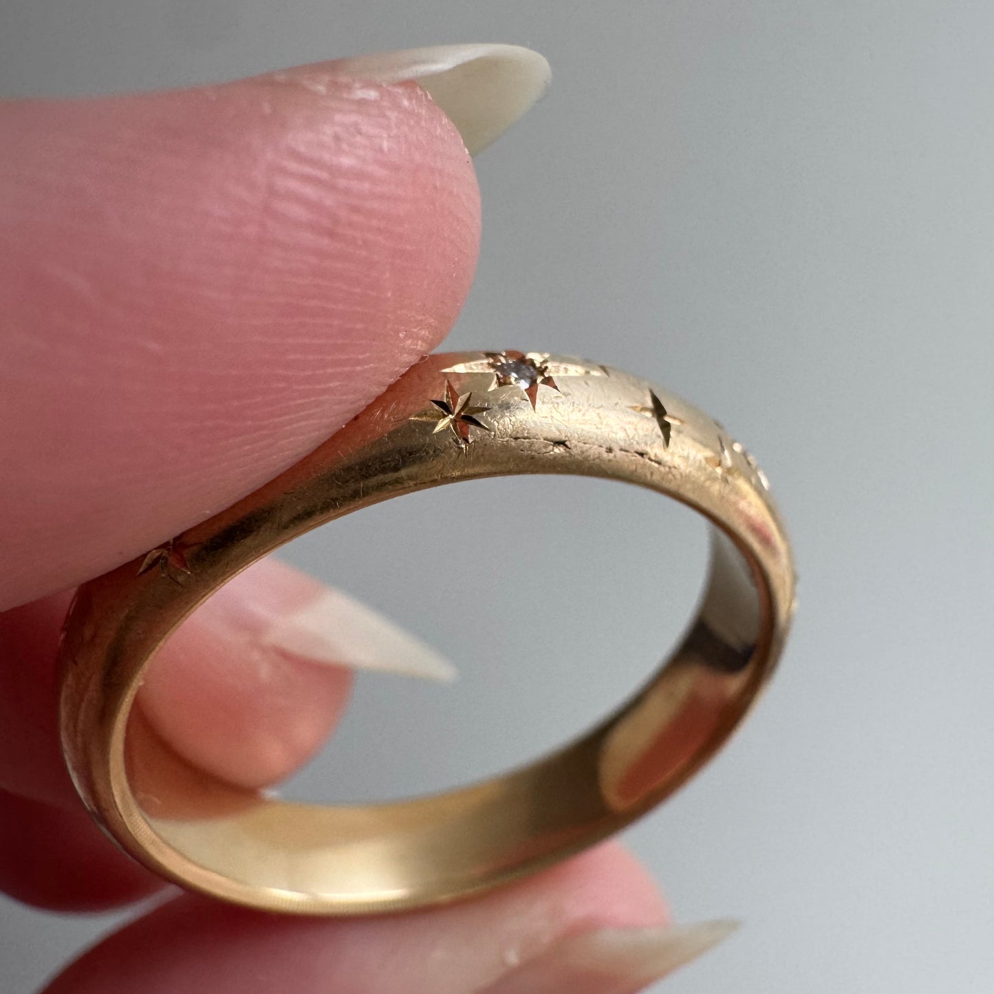 reimagined V I N T A G E // star story / 14k donut band with three new star-set diamonds and engraved starbursts / size 11 to 11.5