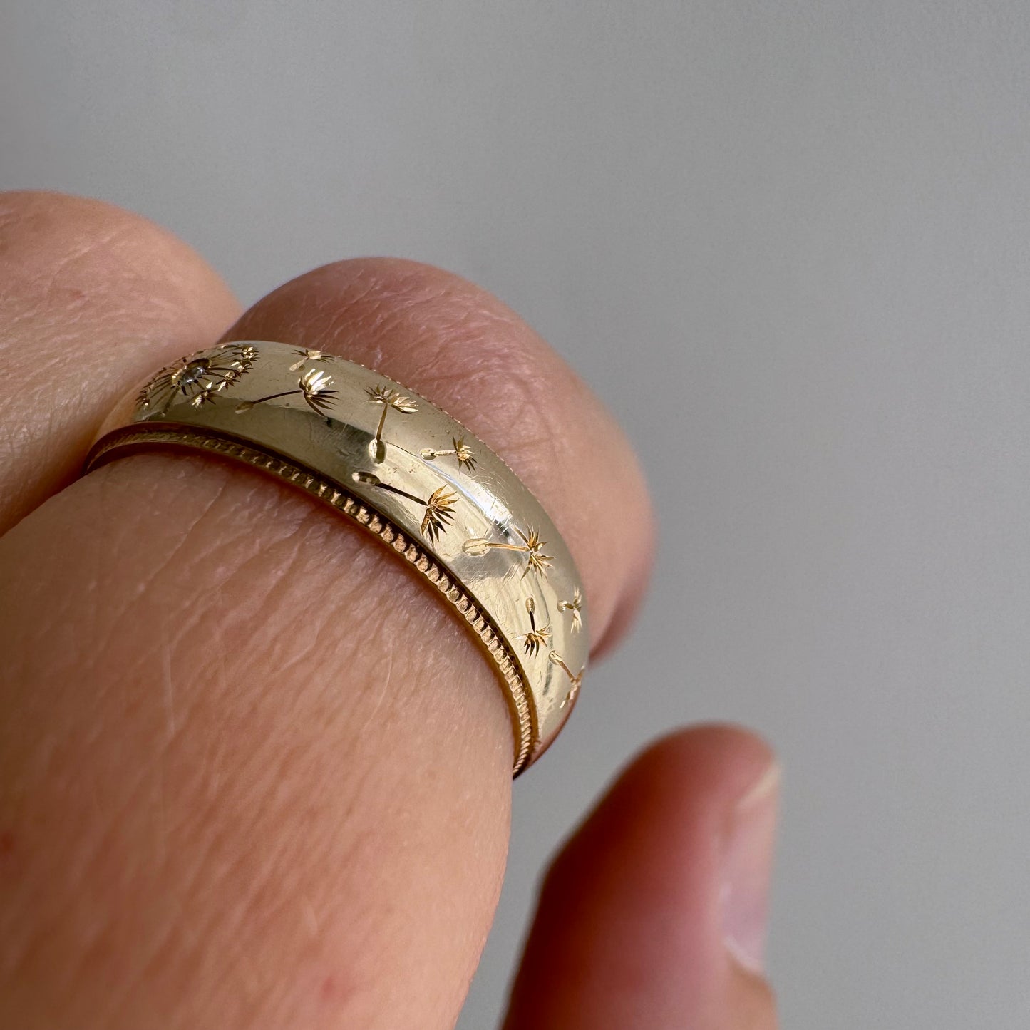 reimagined V I N T A G E // wind blown / 10k yellow gold milgrain band with diamond and dandelion seeds / size 5.5ish