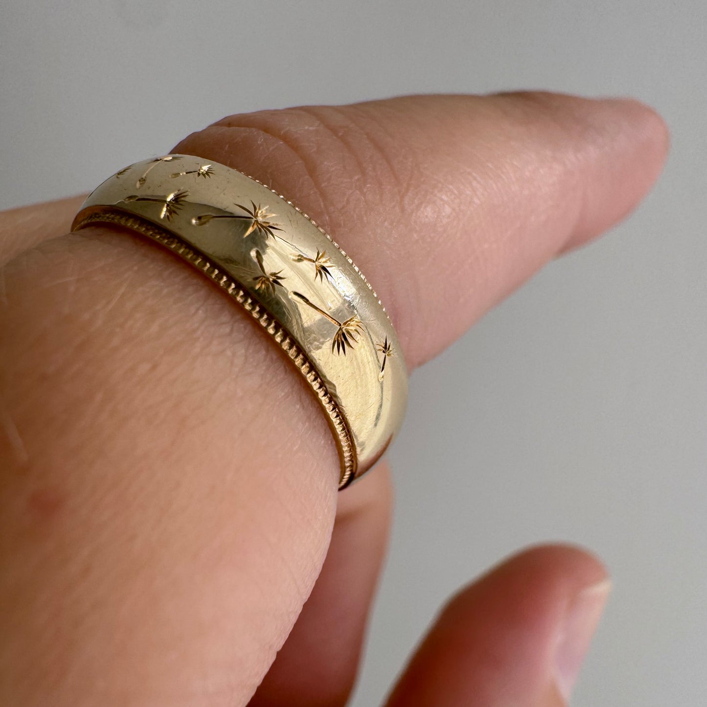 reimagined V I N T A G E // wind blown / 10k yellow gold milgrain band with diamond and dandelion seeds / size 5.5ish