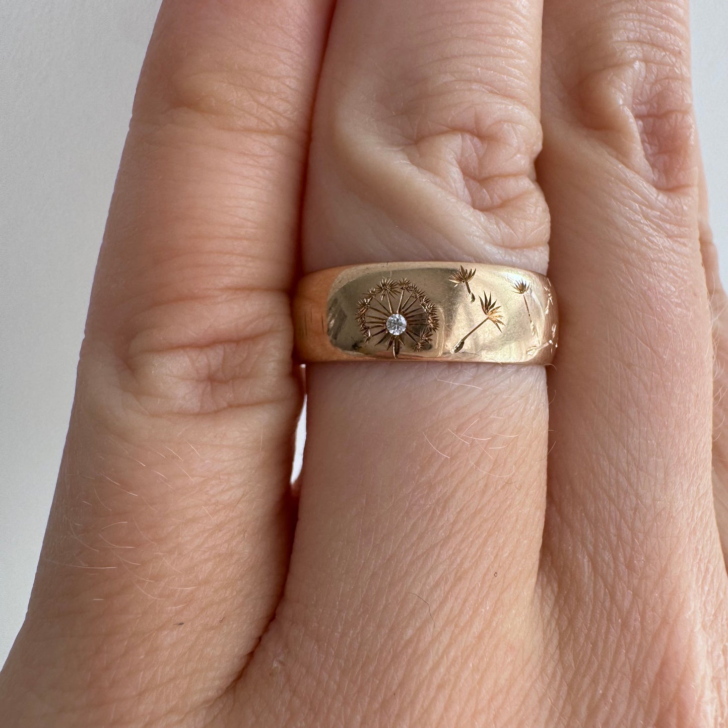 reimagined A N T I Q U E // wind blown mizpah / 14k rosy Edwardian cigar band with diamond and dandelion seeds / size 5.25ish