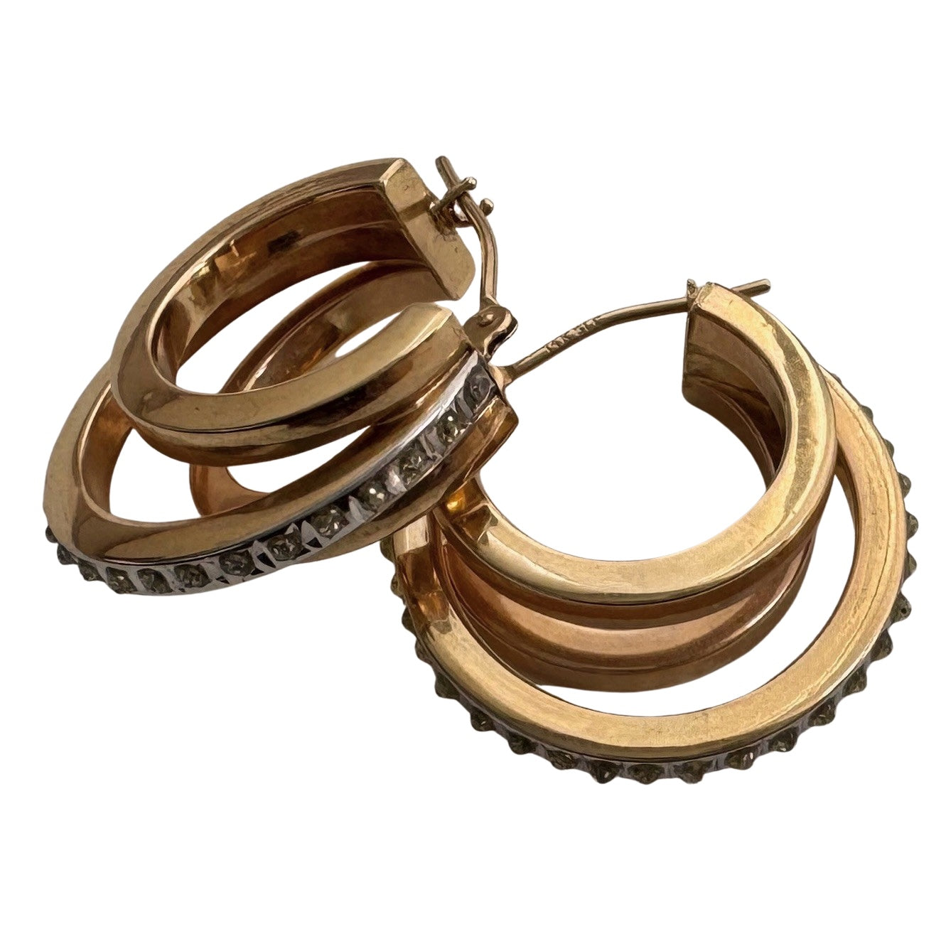 V I N T A G E // I see three / 14k yellow gold triple hoop with rough cut diamonds / hoop earrings