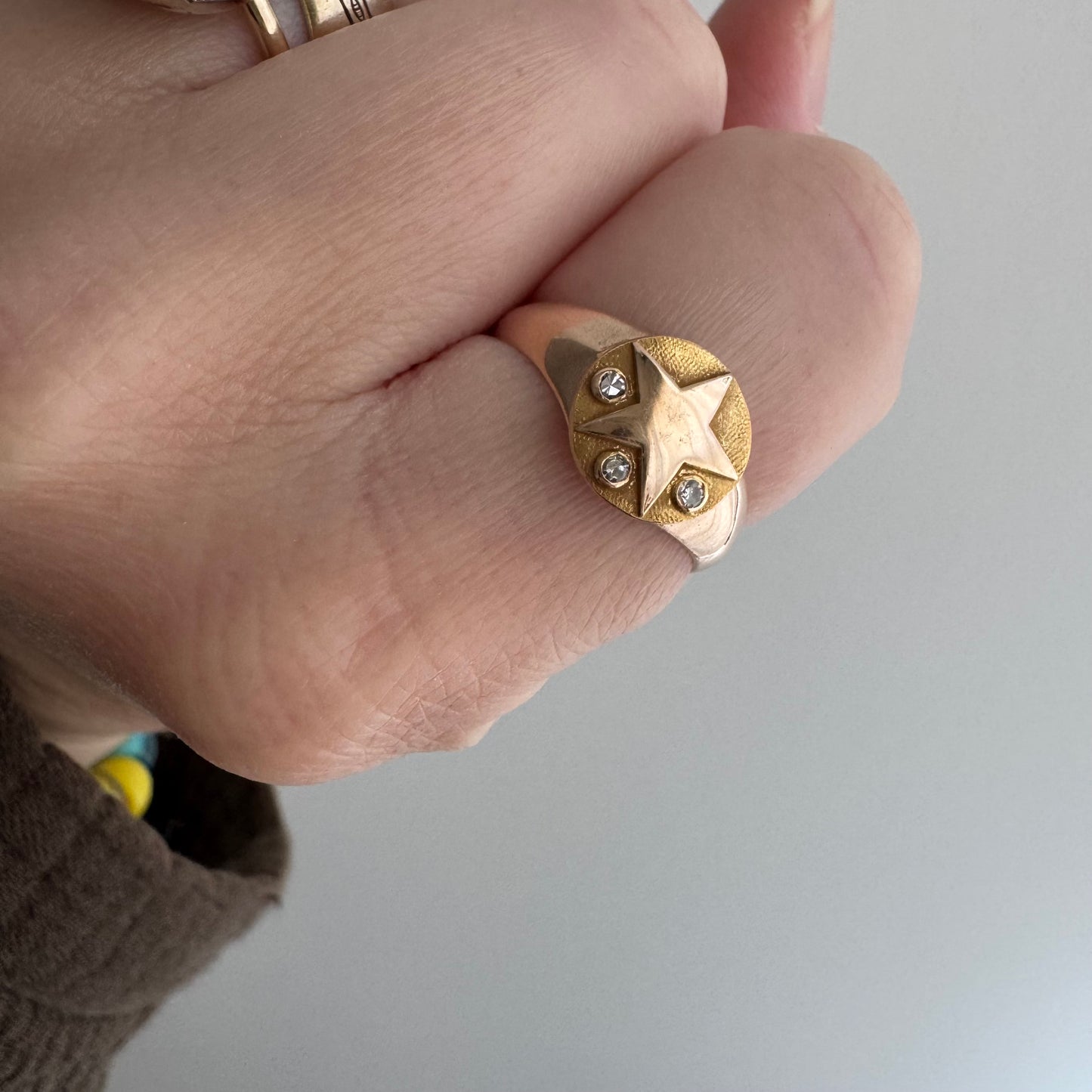 reimagined V I N T A G E // starry trilogy / 10k yellow gold and diamond service pin conversion signet ring / size 6.25