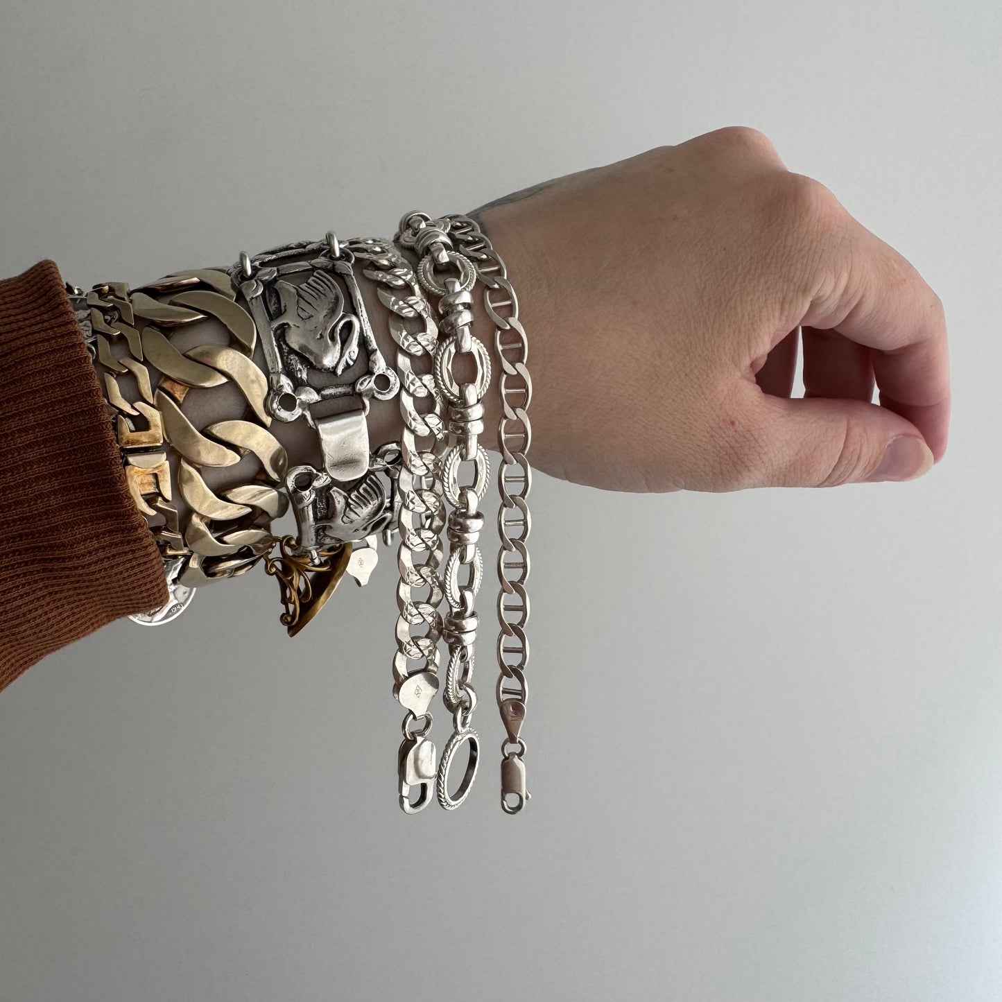 V I N T A G E // slinky links / sterling silver double sided flat wide curb chain bracelet / 8", 14.6g