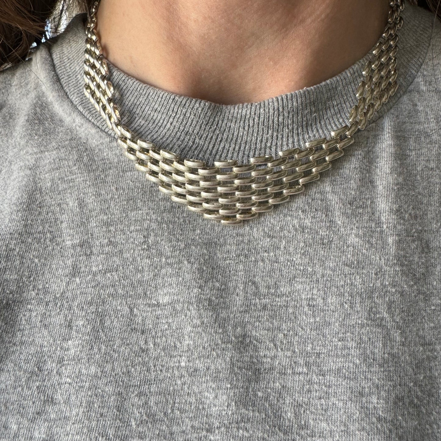 V I N T A G E // panther bib / sterling silver panther link geometric necklace / 16.25", 23g