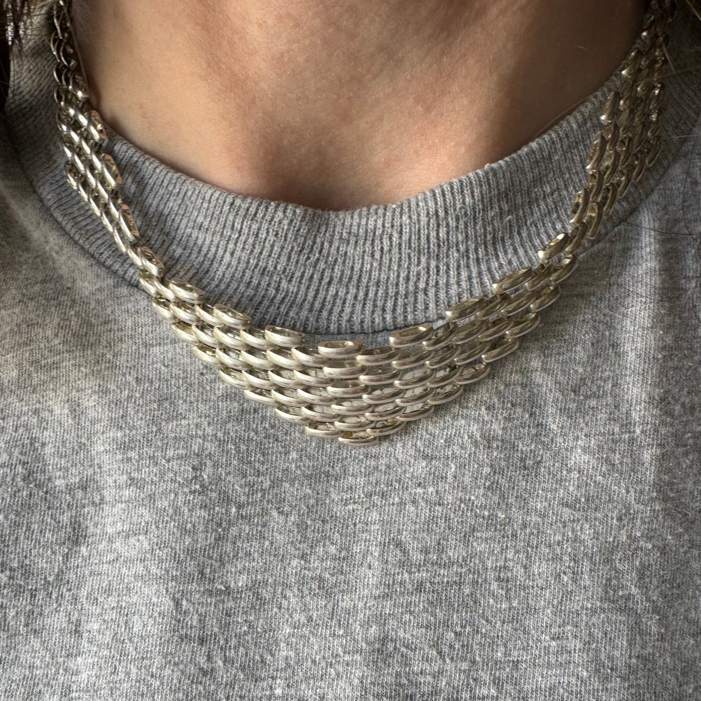 V I N T A G E // panther bib / sterling silver panther link geometric necklace / 16.25", 23g