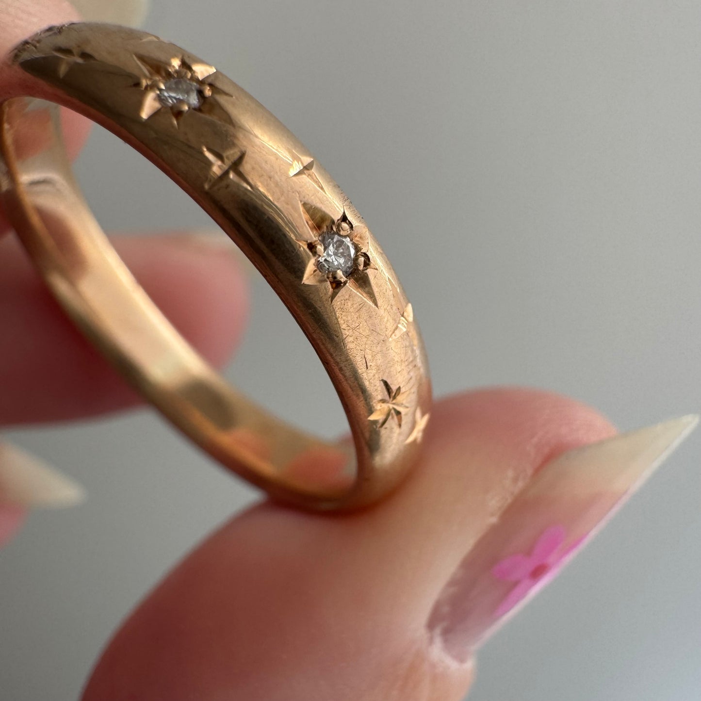 reimagined A N T I Q U E // star story / 14k donut band with three new star-set diamonds and engraved starbursts / size 10