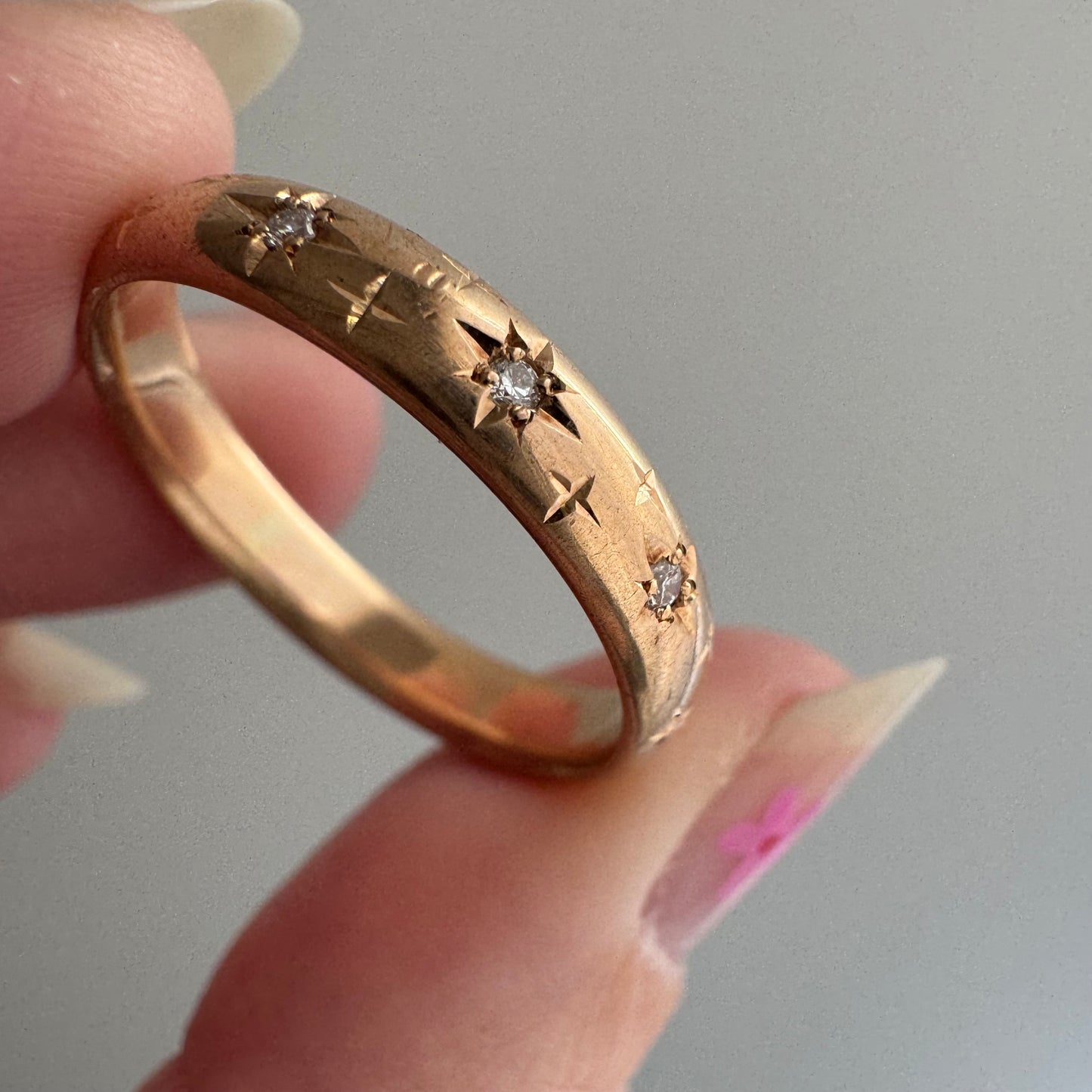 reimagined A N T I Q U E // star story / 14k donut band with three new star-set diamonds and engraved starbursts / size 10