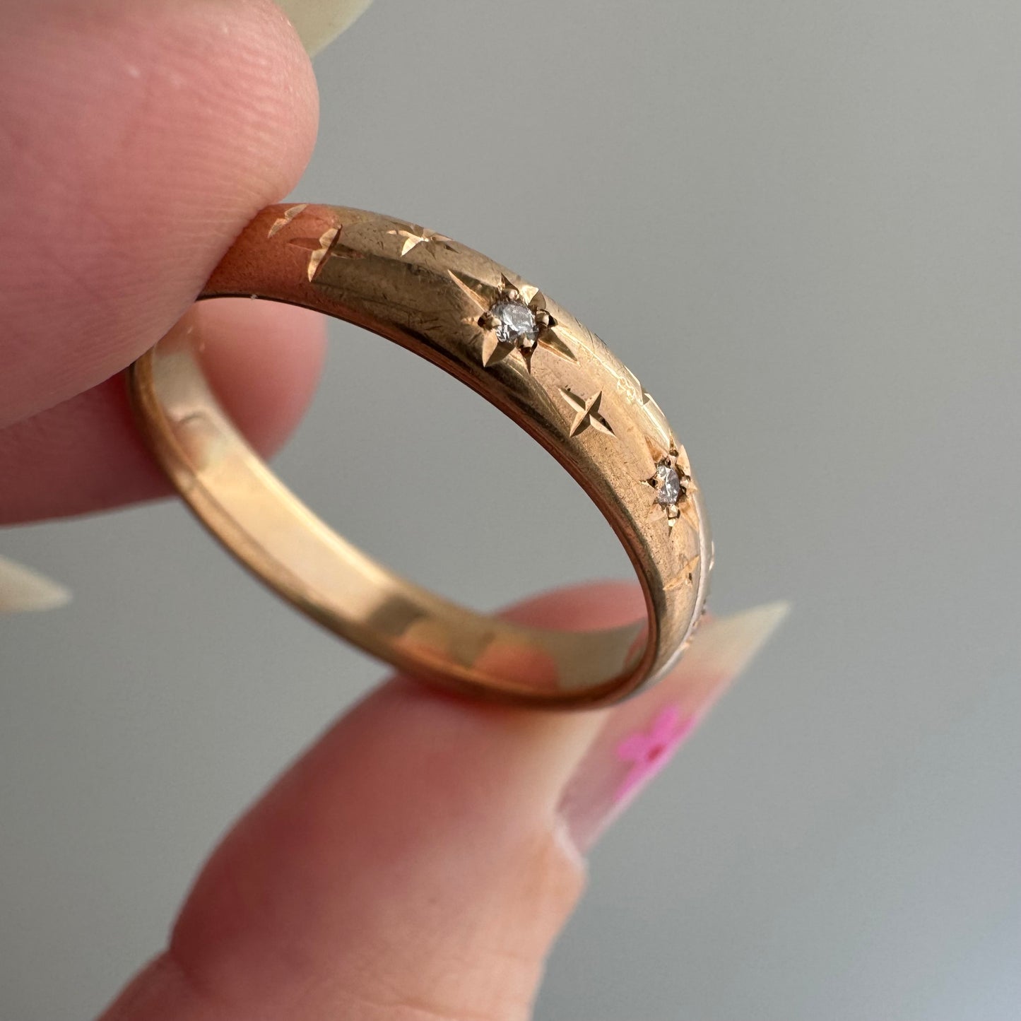 reimagined A N T I Q U E // star story / 14k donut band with three new star-set diamonds and engraved starbursts / size 10