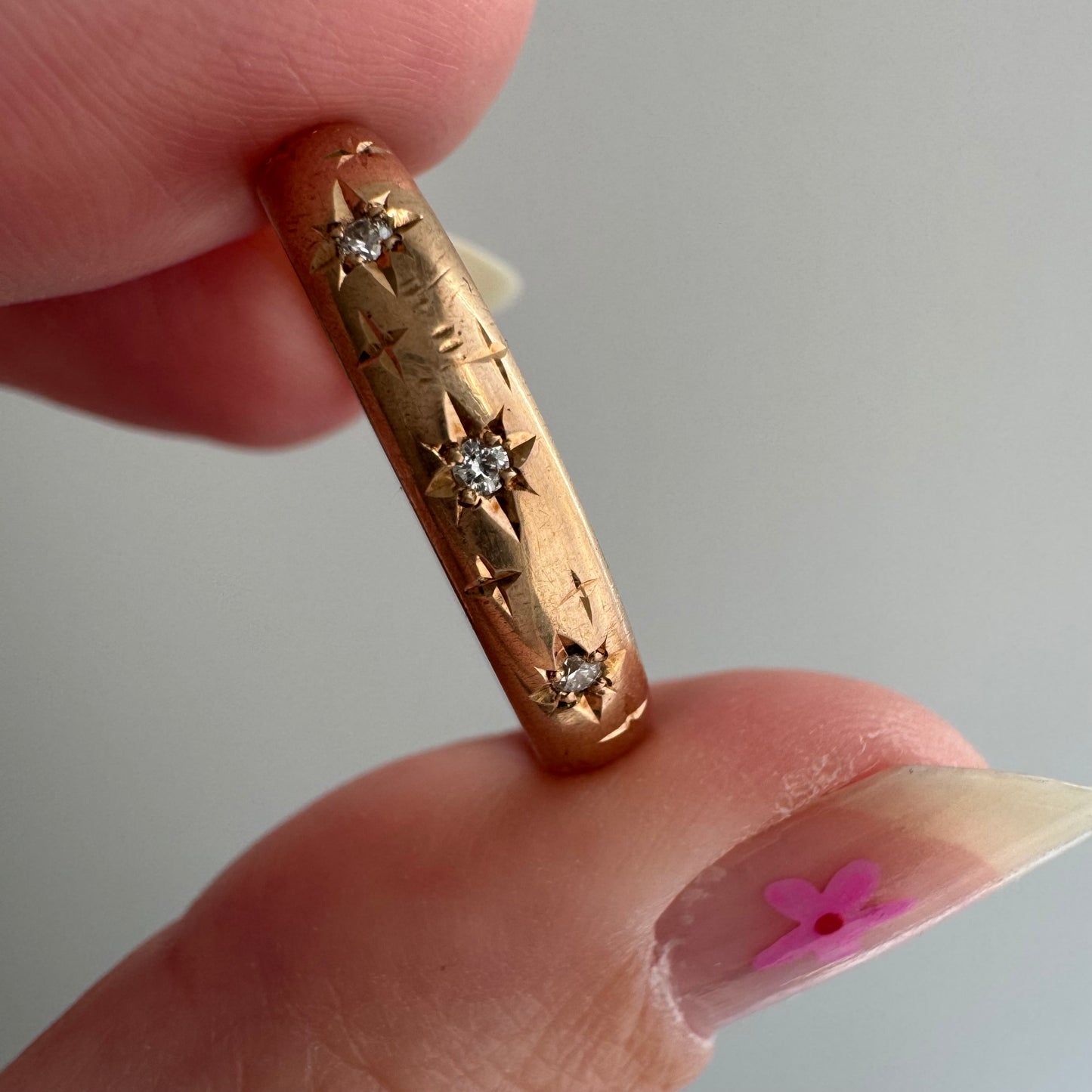 reimagined A N T I Q U E // star story / 14k donut band with three new star-set diamonds and engraved starbursts / size 10