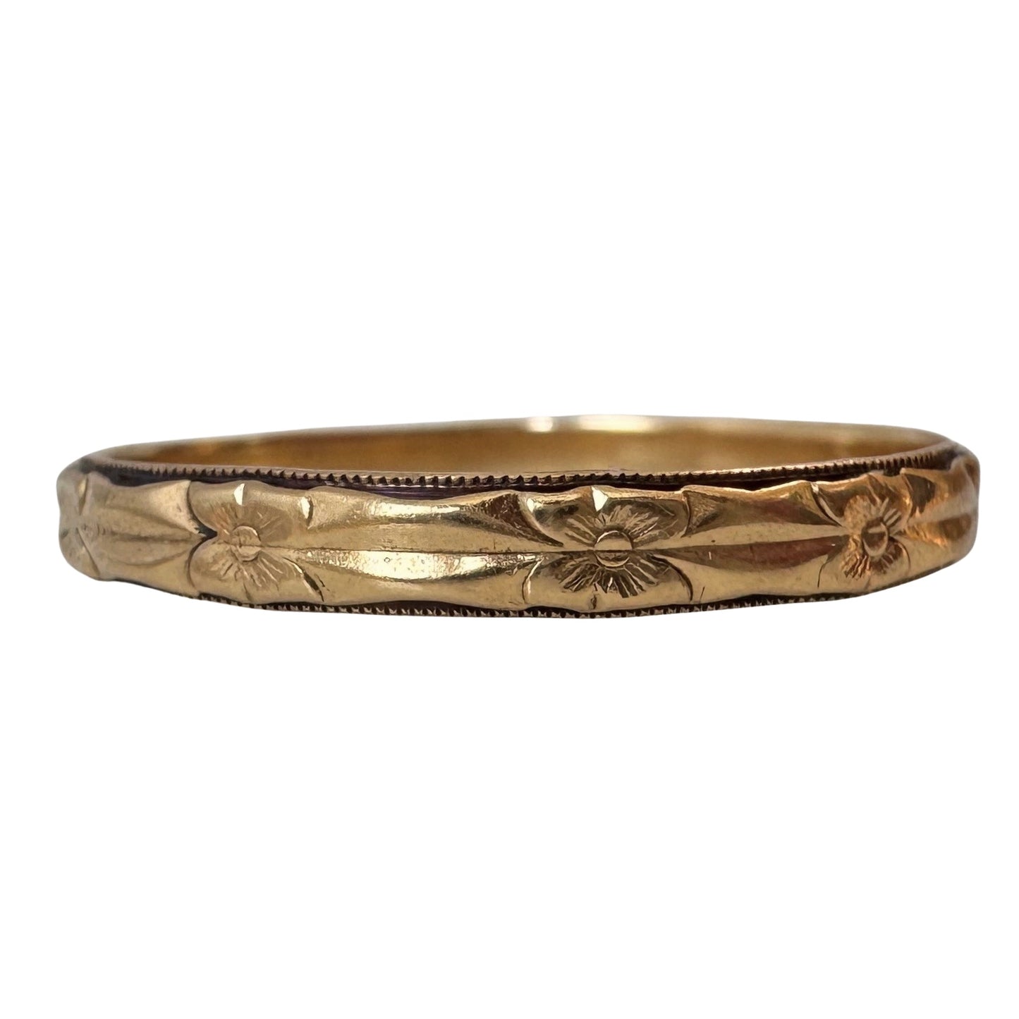 V I N T A G E // crisp blooms / solid 14k yellow floral patterned thin eternity band / size 11