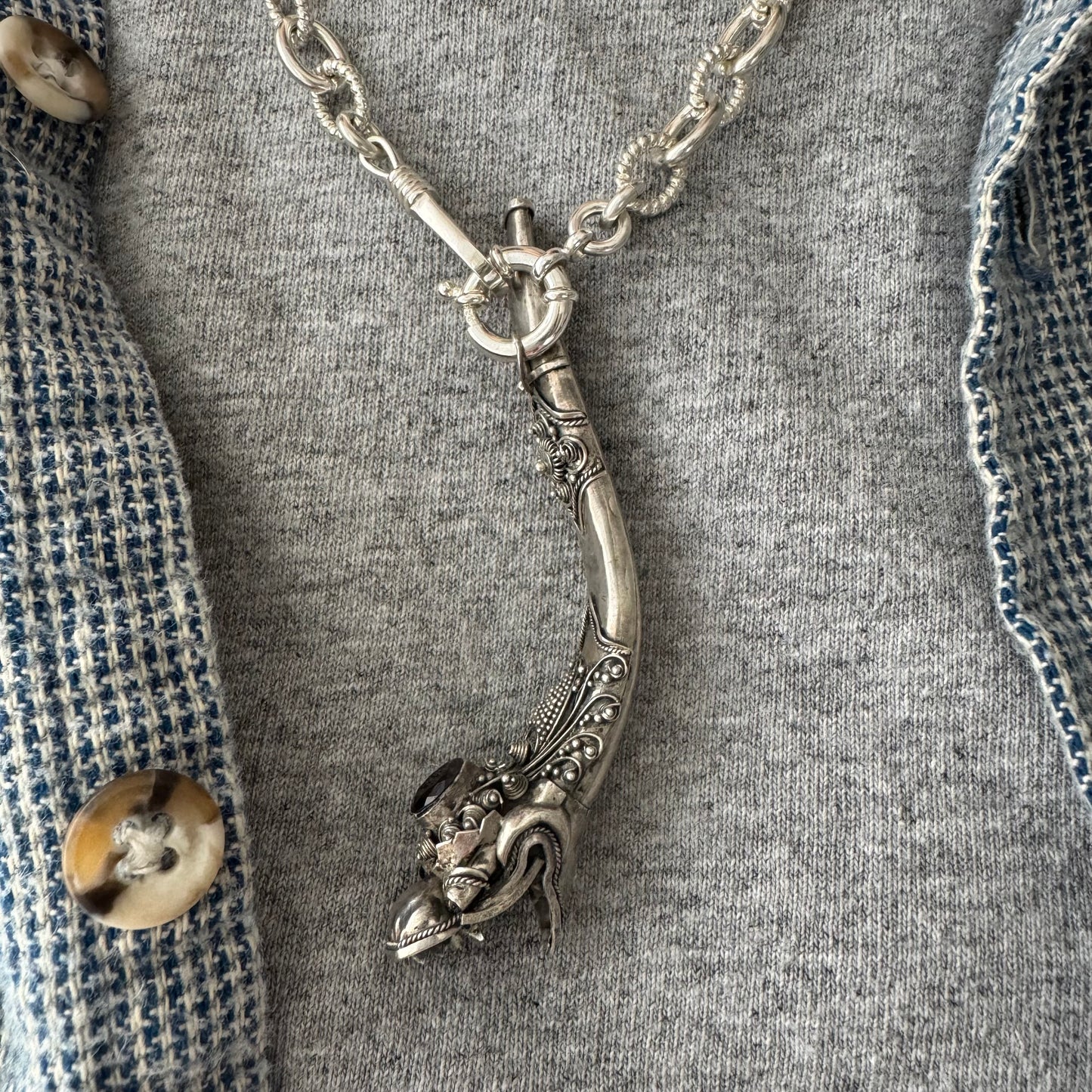 V I N T A G E // blowing smoke / sterling silver and garnet dragon / a functional pendant