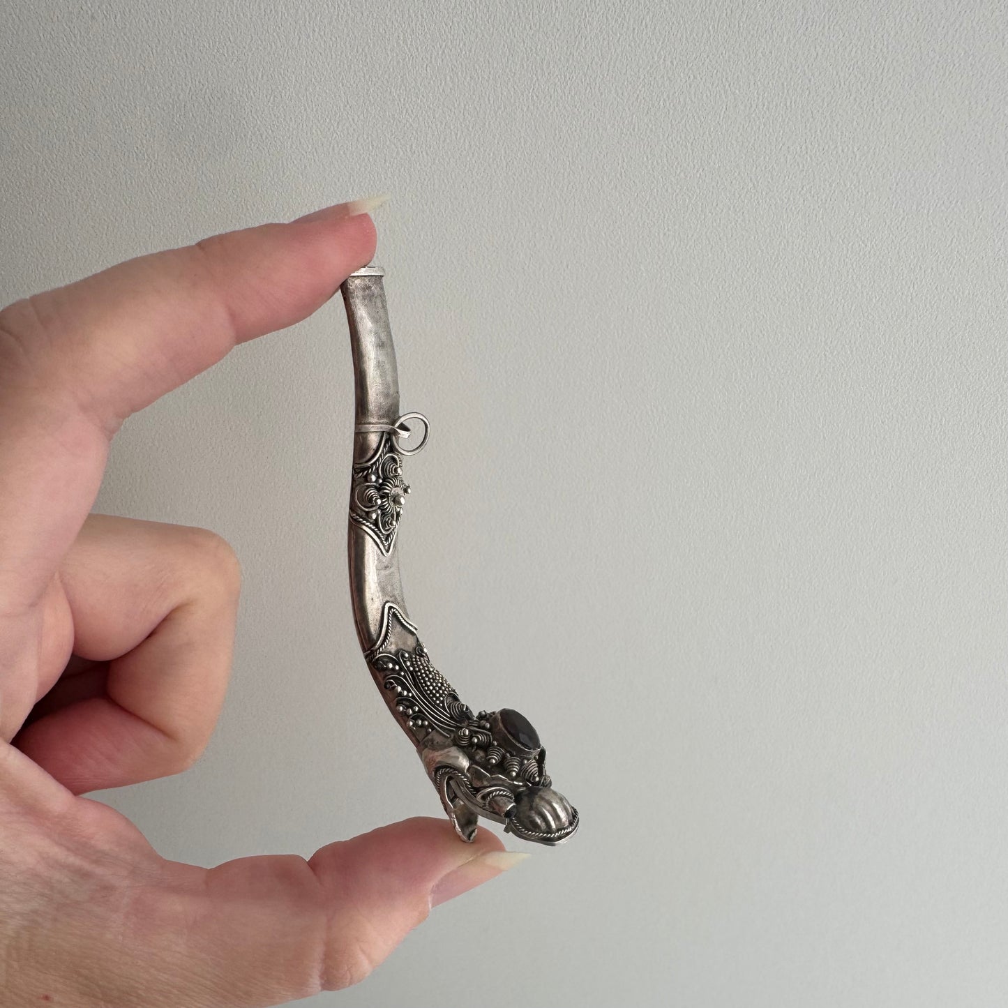 V I N T A G E // blowing smoke / sterling silver and garnet dragon / a functional pendant