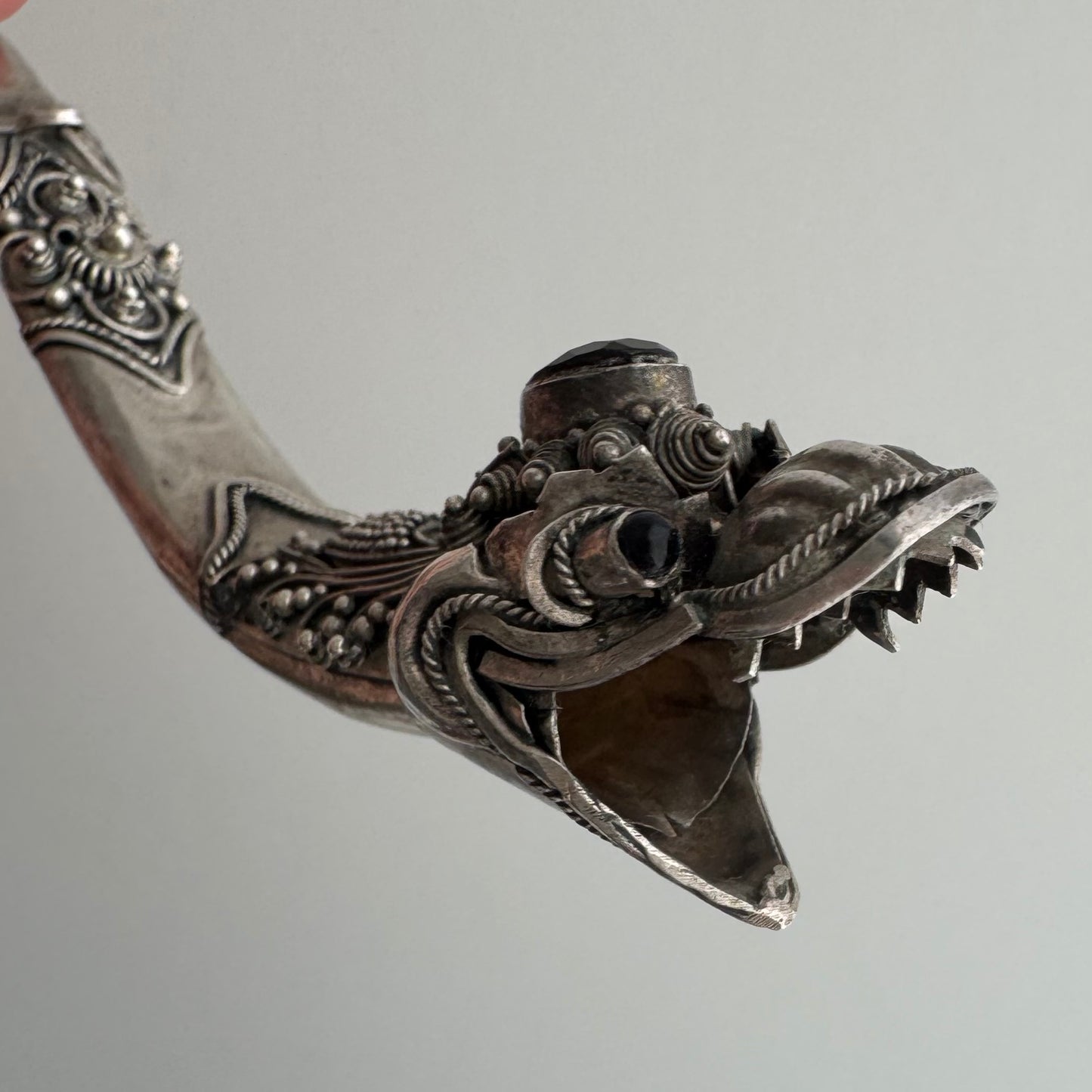 V I N T A G E // blowing smoke / sterling silver and garnet dragon / a functional pendant