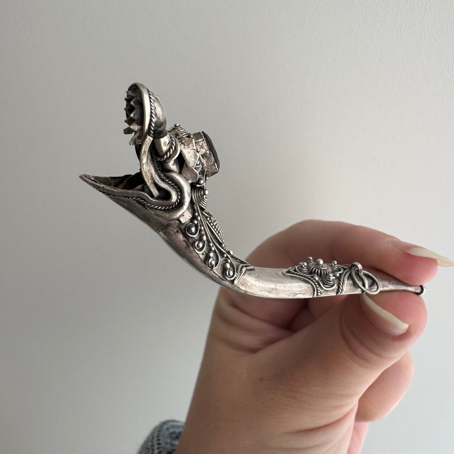 V I N T A G E // blowing smoke / sterling silver and garnet dragon / a functional pendant