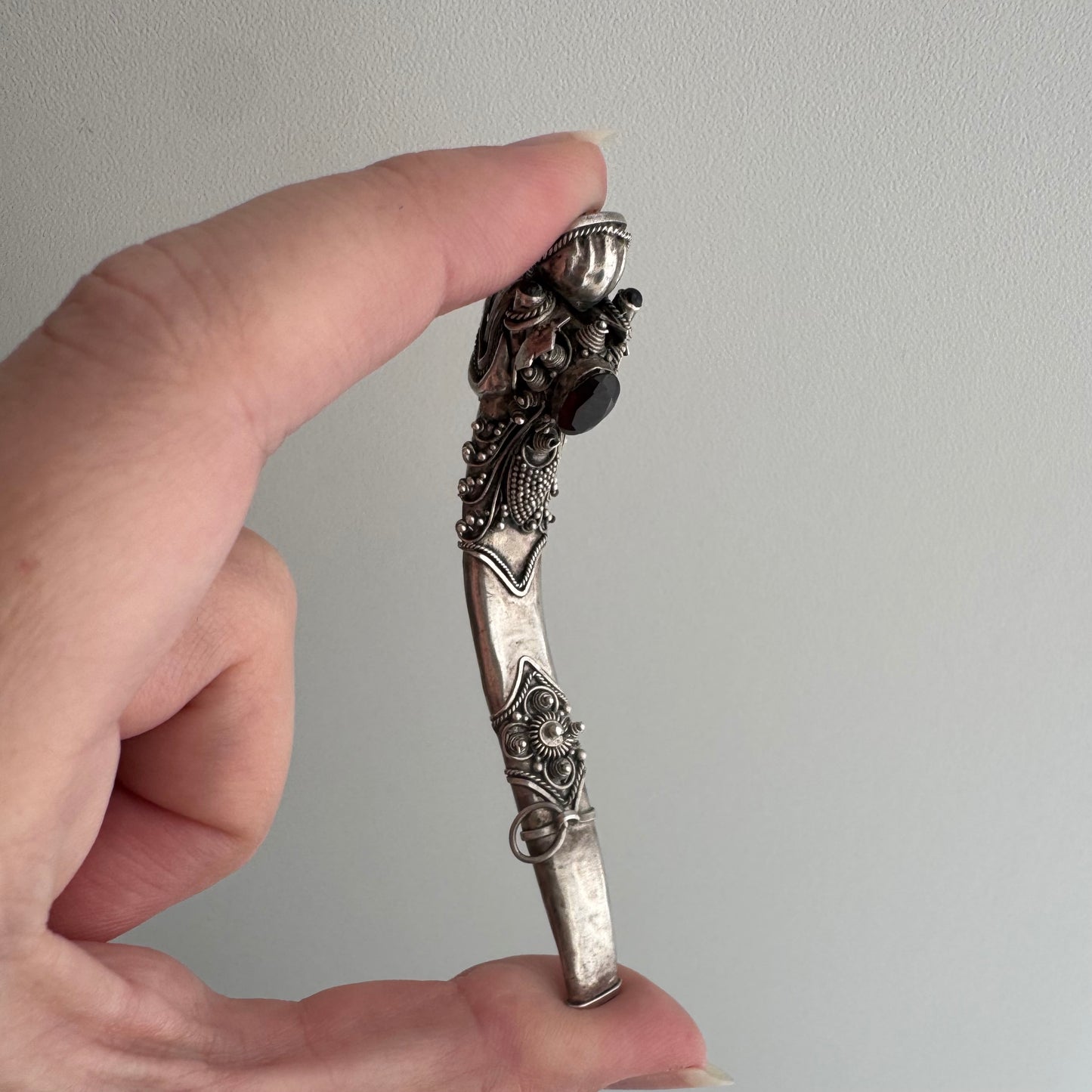 V I N T A G E // blowing smoke / sterling silver and garnet dragon / a functional pendant