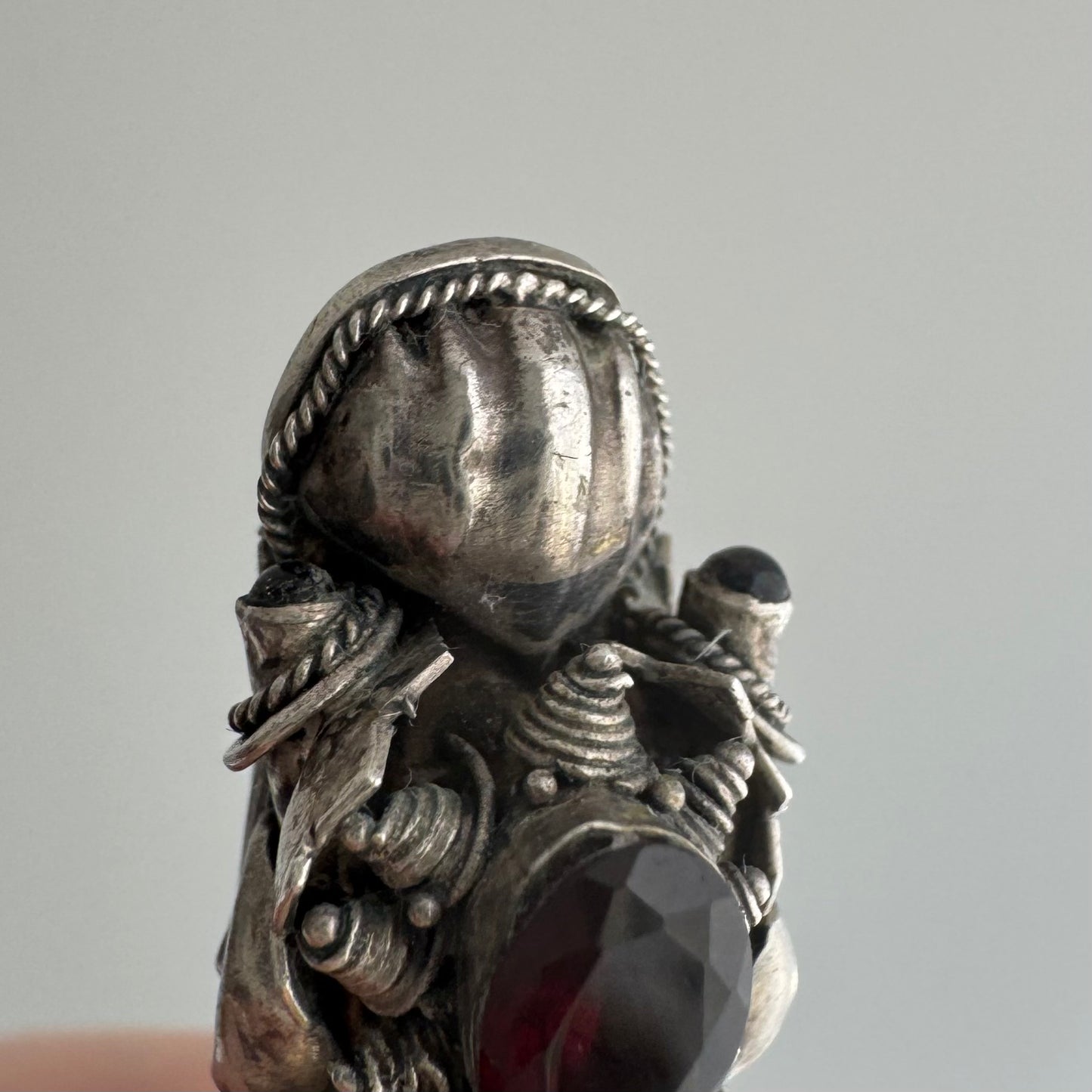 V I N T A G E // blowing smoke / sterling silver and garnet dragon / a functional pendant