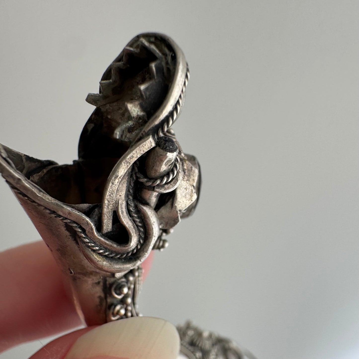V I N T A G E // blowing smoke / sterling silver and garnet dragon / a functional pendant