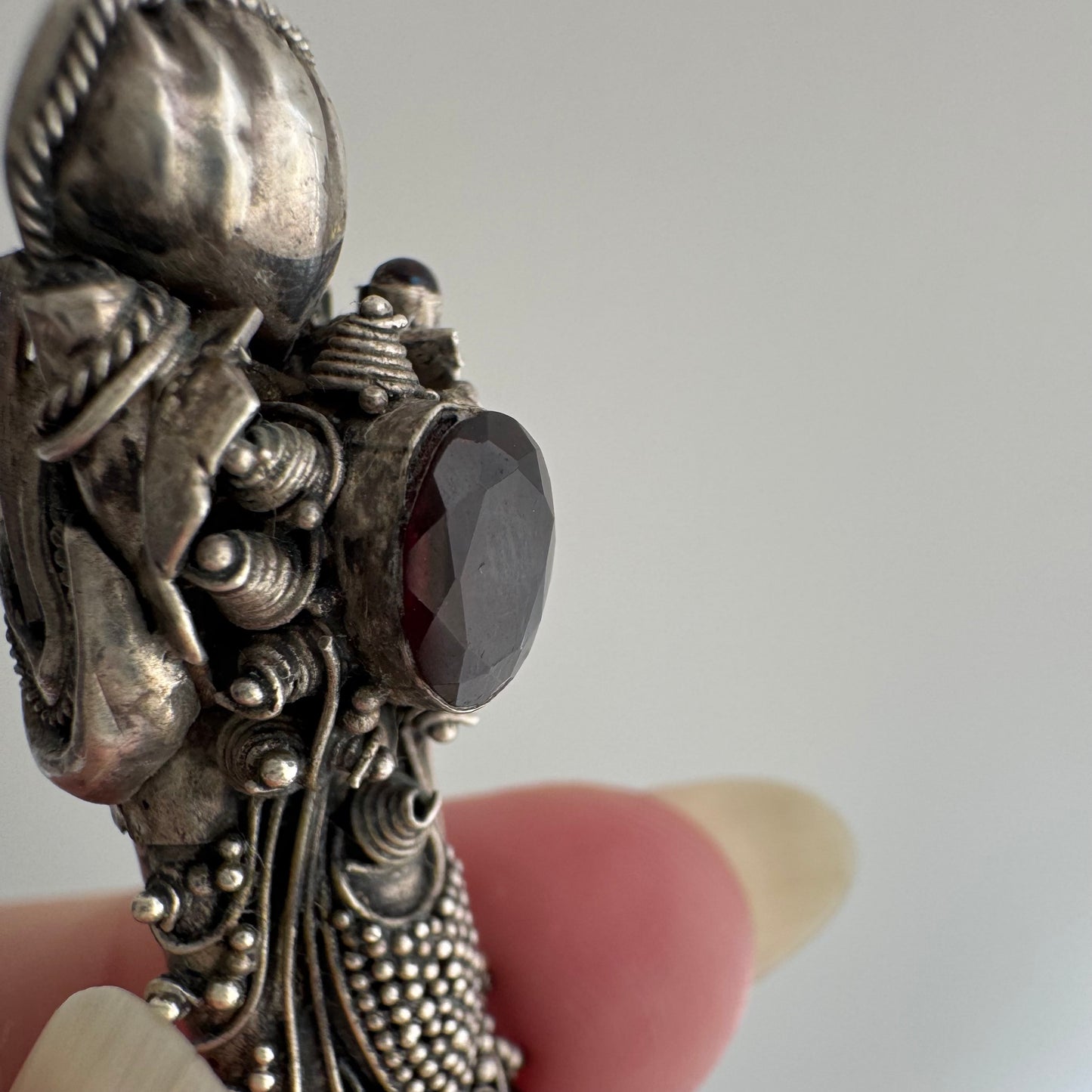 V I N T A G E // blowing smoke / sterling silver and garnet dragon / a functional pendant